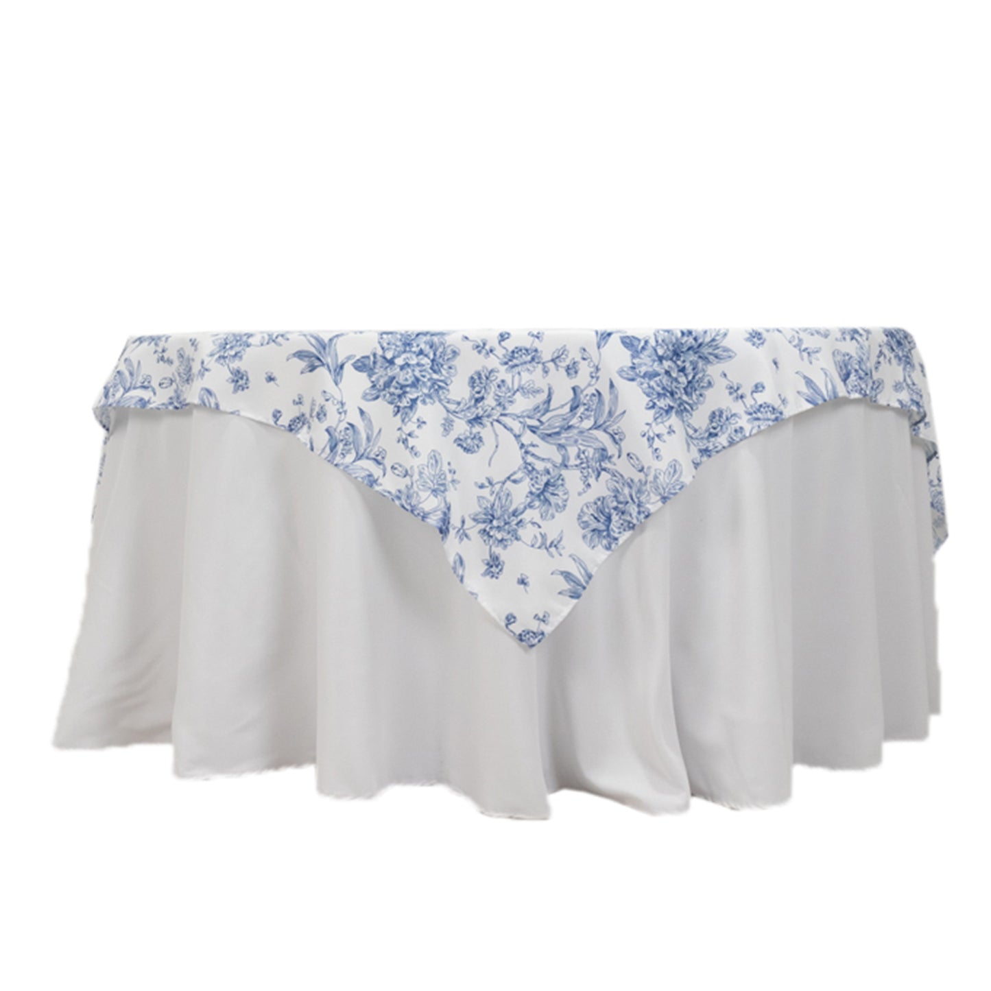 70"x70" White Blue French Toile Polyester Square Table Overlay, Floral Table Topper for Dining Tables