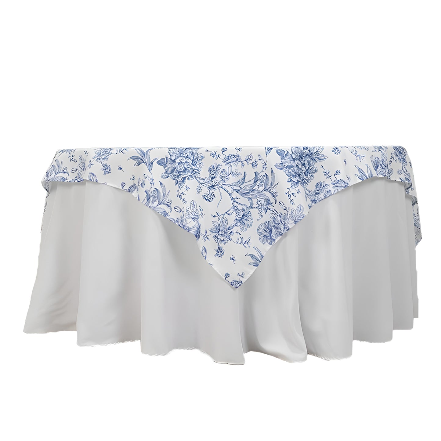 70"x70" White Blue French Toile Polyester Square Table Overlay, Floral Table Topper for Dining Tables