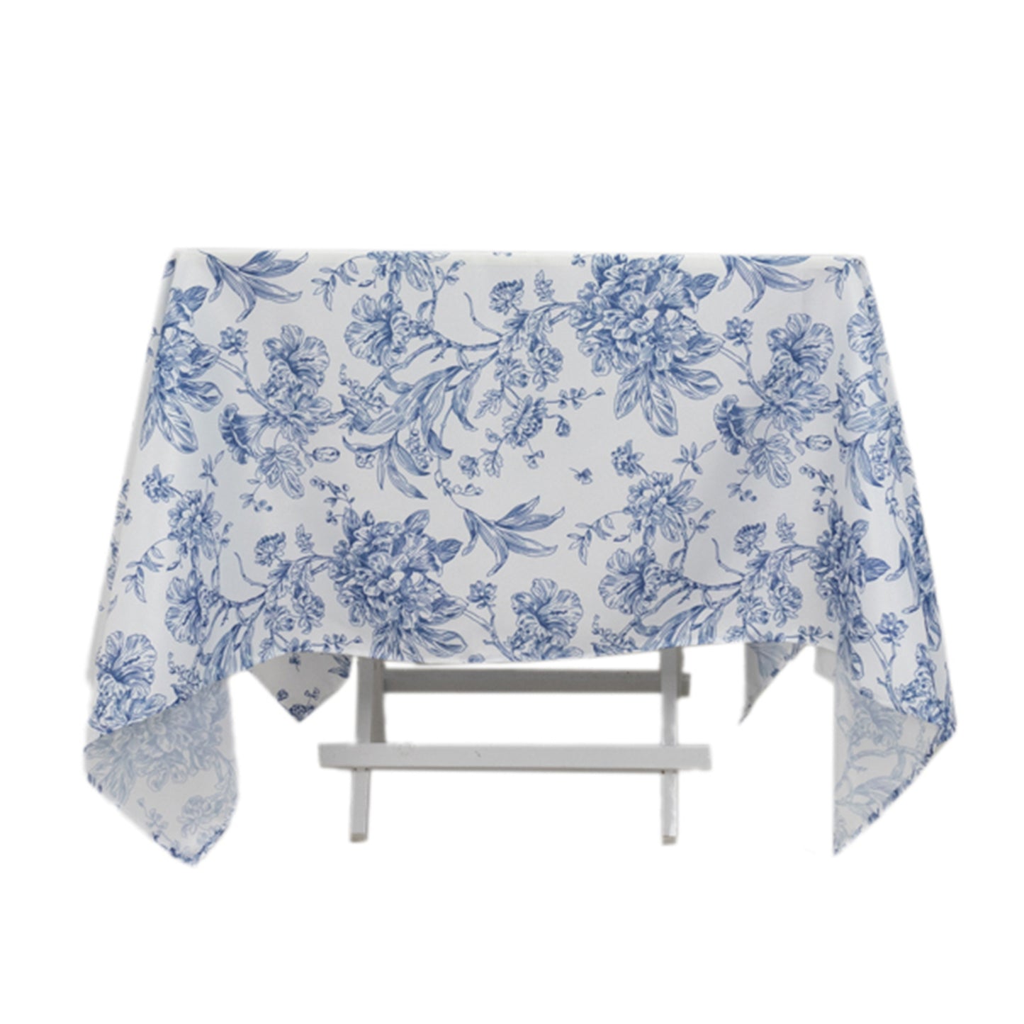 70"x70" White Blue French Toile Polyester Square Tablecloth, Floral Table Cloth for Dining Tables