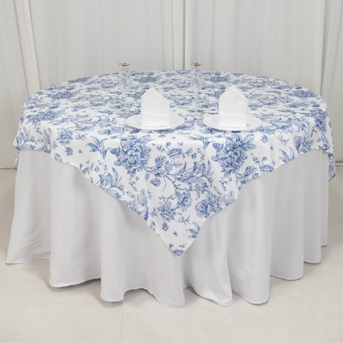 70"x70" White Blue French Toile Polyester Square Table Overlay, Floral Table Topper for Dining Tables