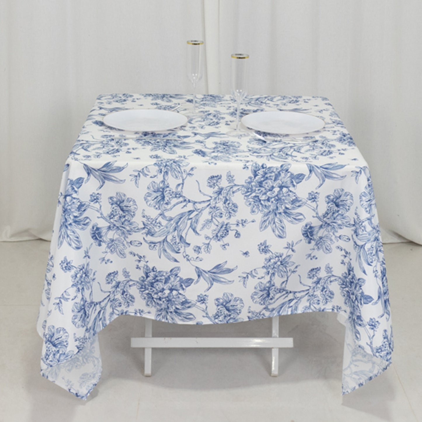 70"x70" White Blue French Toile Polyester Square Tablecloth, Floral Table Cloth for Dining Tables