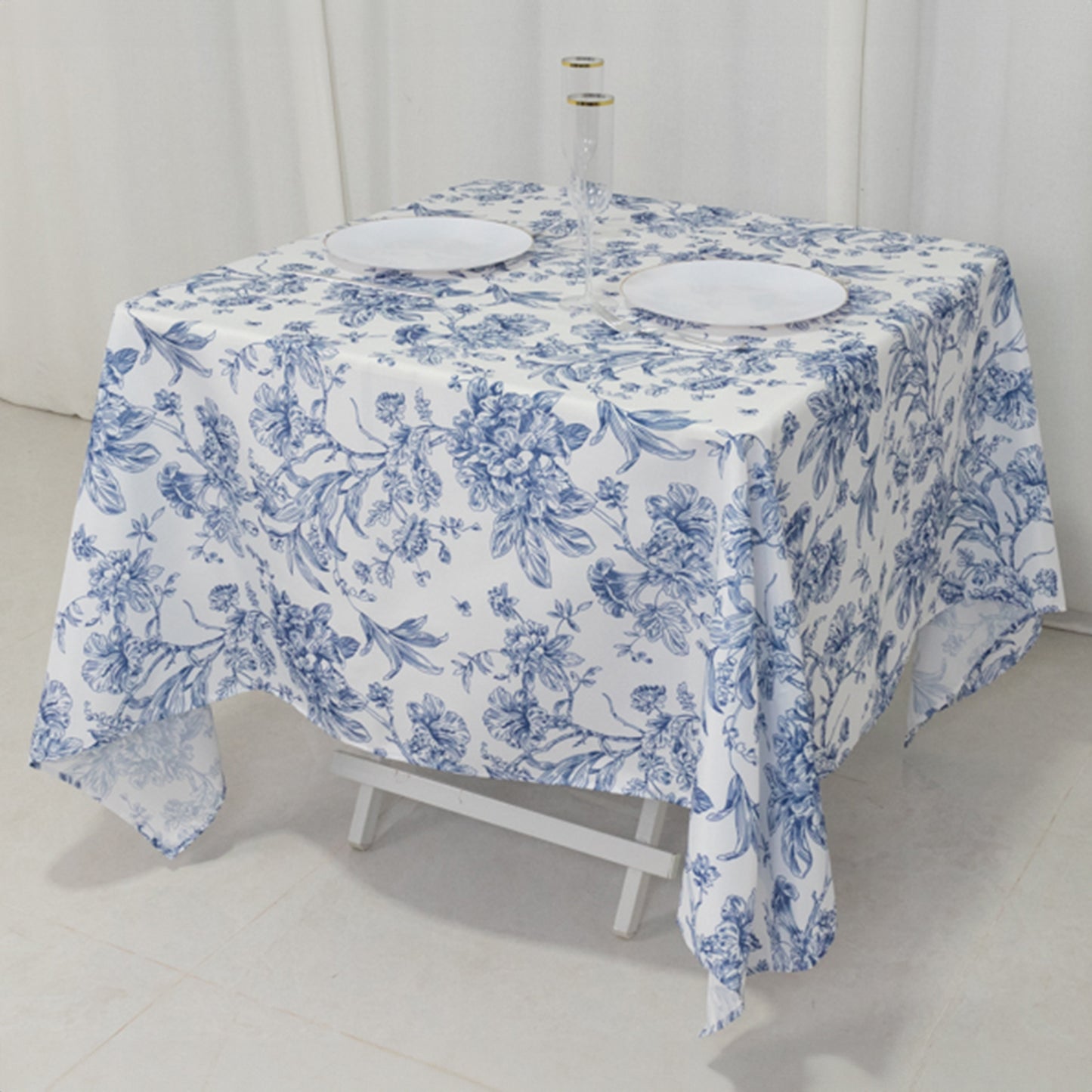 70"x70" White Blue French Toile Polyester Square Tablecloth, Floral Table Cloth for Dining Tables