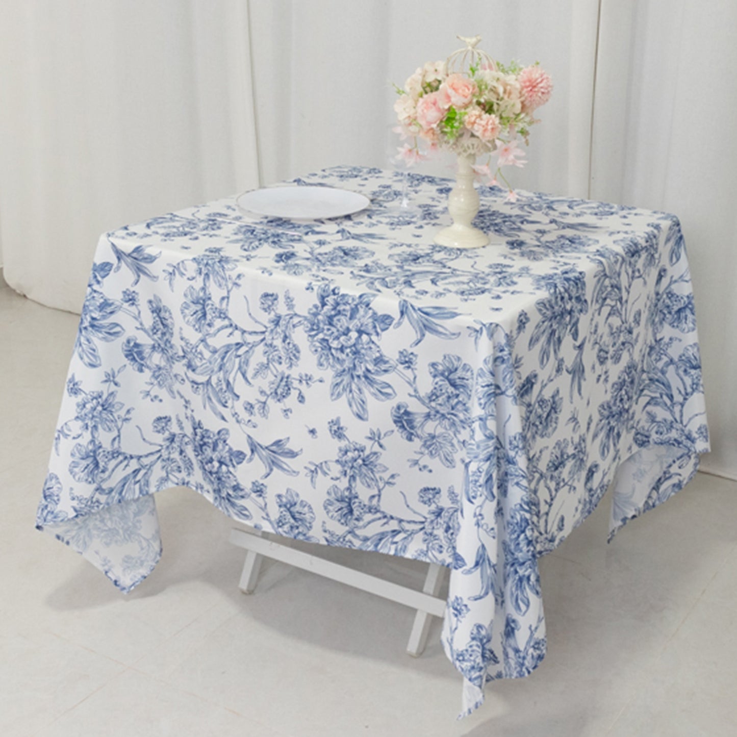 70"x70" White Blue French Toile Polyester Square Tablecloth, Floral Table Cloth for Dining Tables