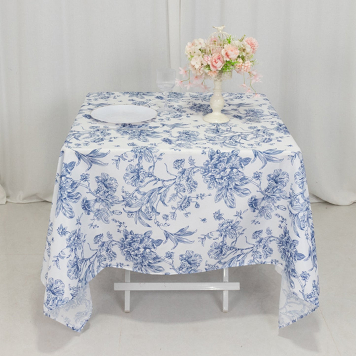 70"x70" White Blue French Toile Polyester Square Table Overlay, Floral Table Topper for Dining Tables