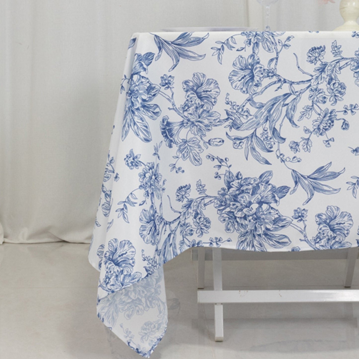 70"x70" White Blue French Toile Polyester Square Table Overlay, Floral Table Topper for Dining Tables