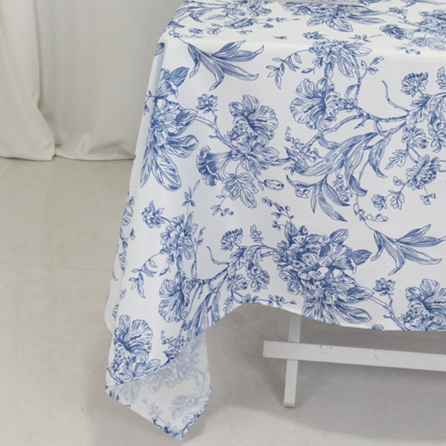 70"x70" White Blue French Toile Polyester Square Tablecloth, Floral Table Cloth for Dining Tables