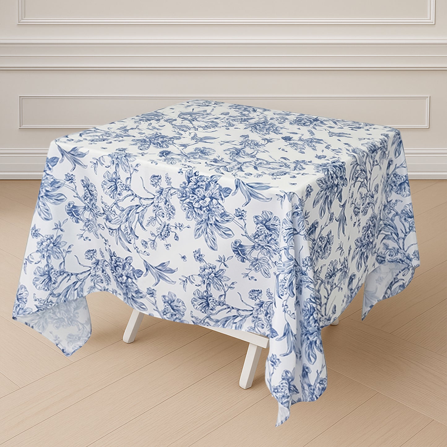 70"x70" White Blue French Toile Polyester Square Tablecloth, Floral Table Cloth for Dining Tables