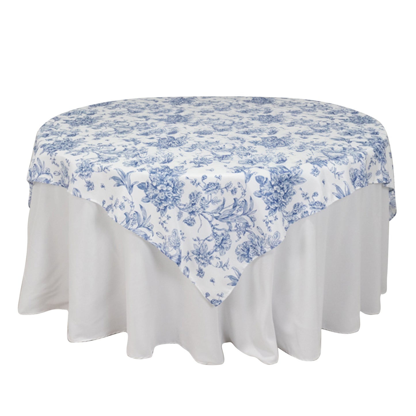 70"x70" White Blue French Toile Polyester Square Table Overlay, Floral Table Topper for Dining Tables