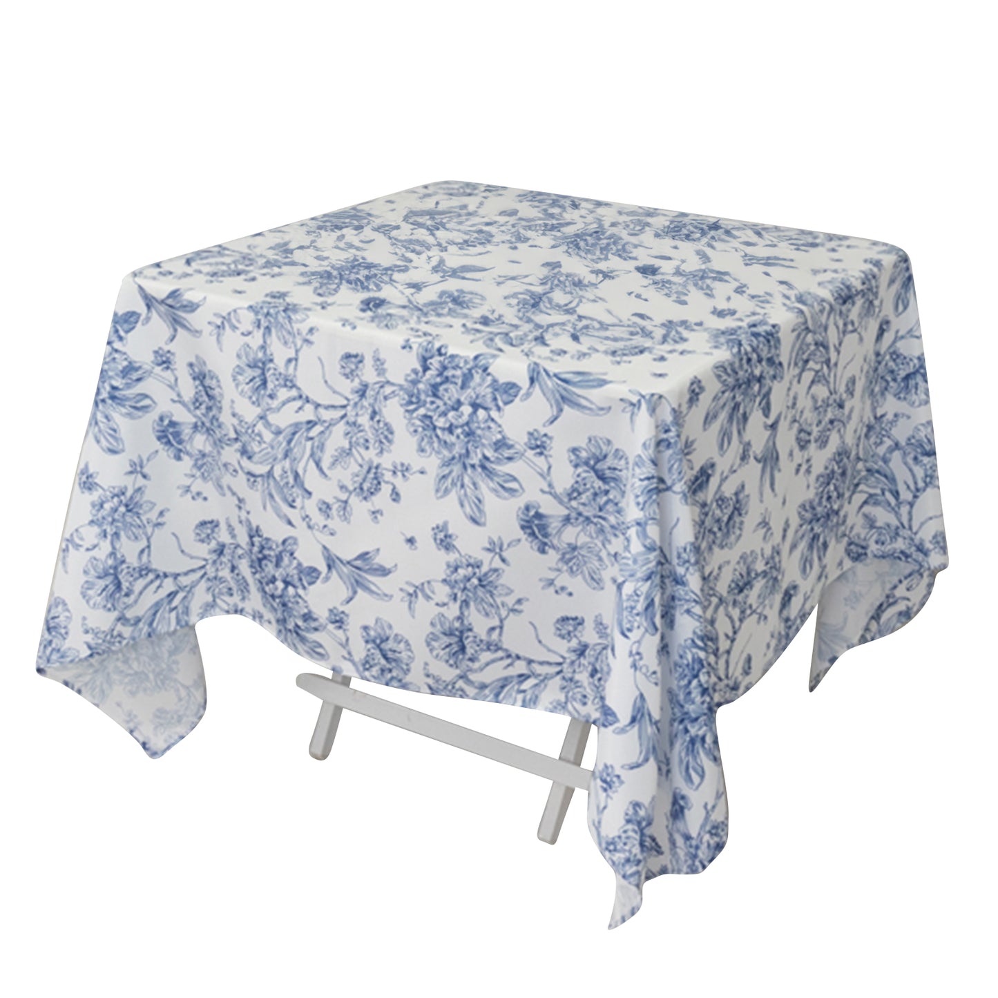70"x70" White Blue French Toile Polyester Square Tablecloth, Floral Table Cloth for Dining Tables