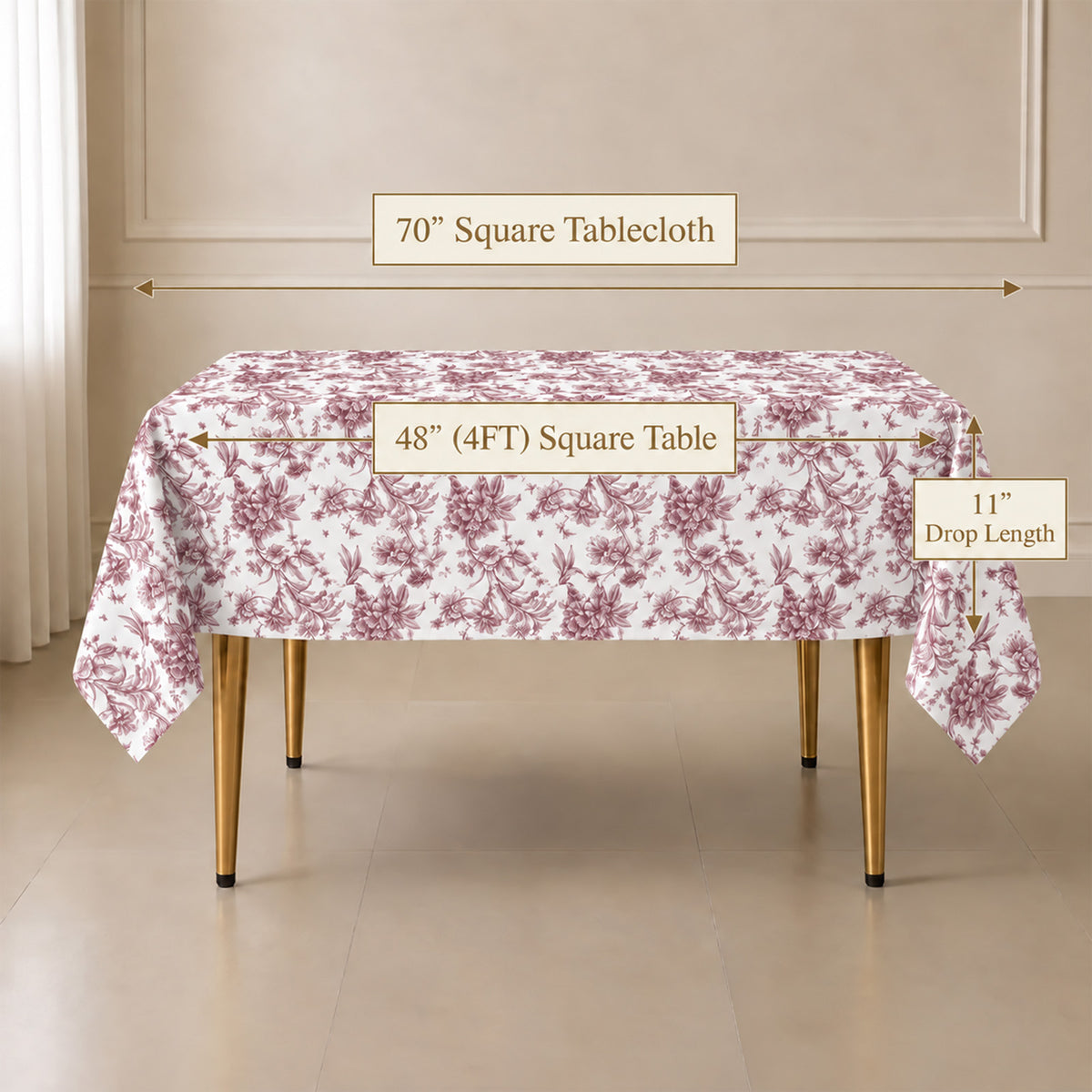 Polyester 70"x70" Square Tablecloth White - Burgundy French Toile Pattern for Elegant Occasions