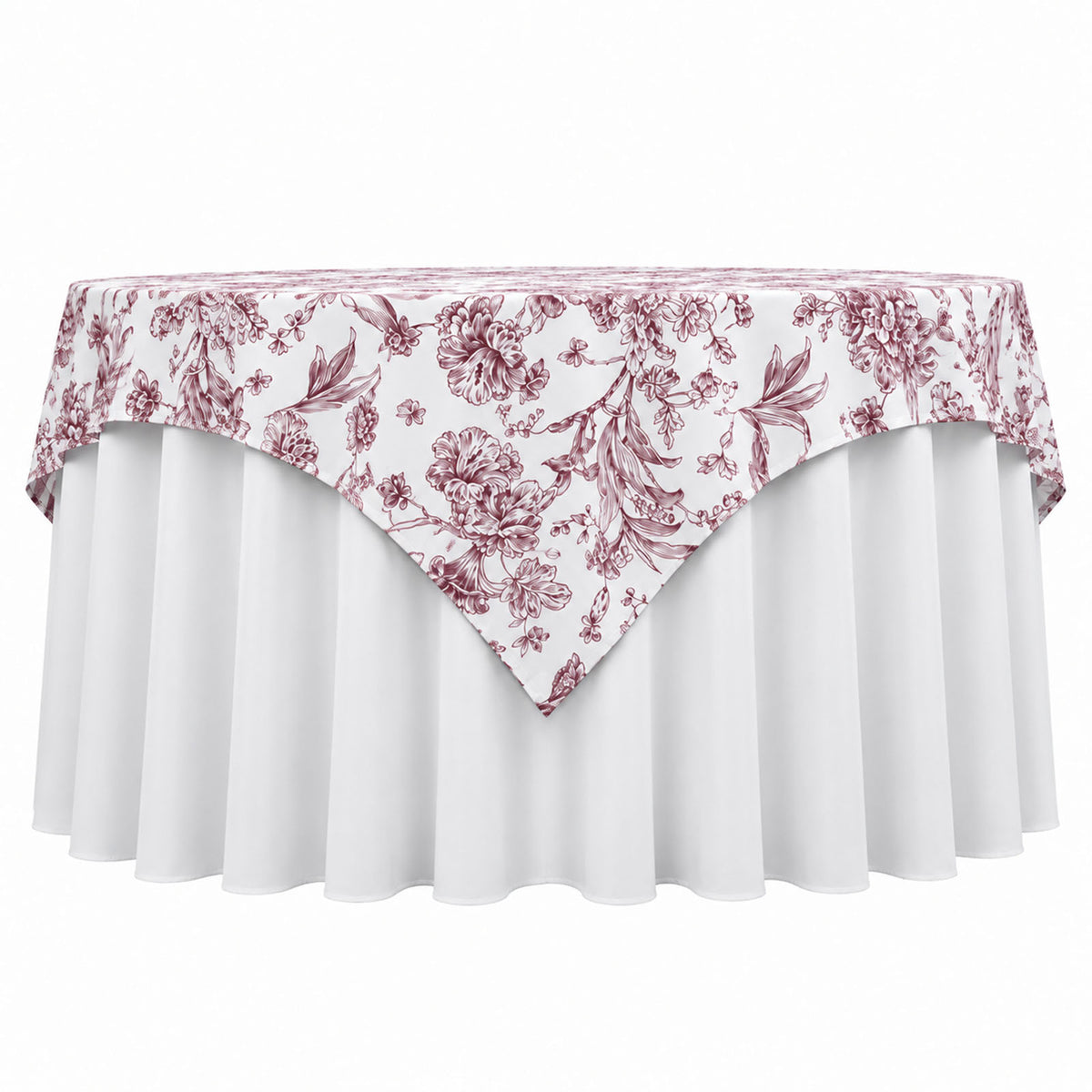 Polyester 70"x70" Table Overlay White - Burgundy French Toile Pattern for Stylish Events