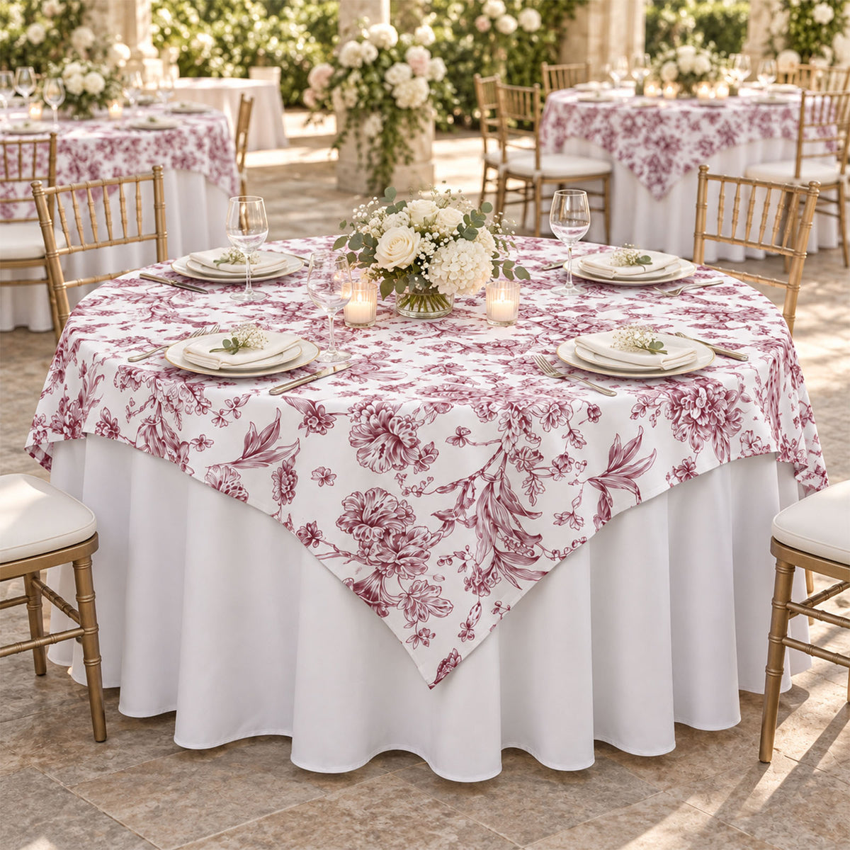 Polyester 70"x70" Table Overlay White - Burgundy French Toile Pattern for Stylish Events
