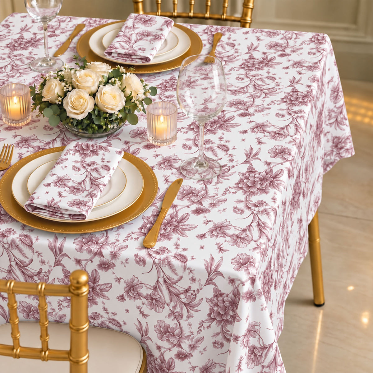 Polyester 70"x70" Square Tablecloth White - Burgundy French Toile Pattern for Elegant Occasions