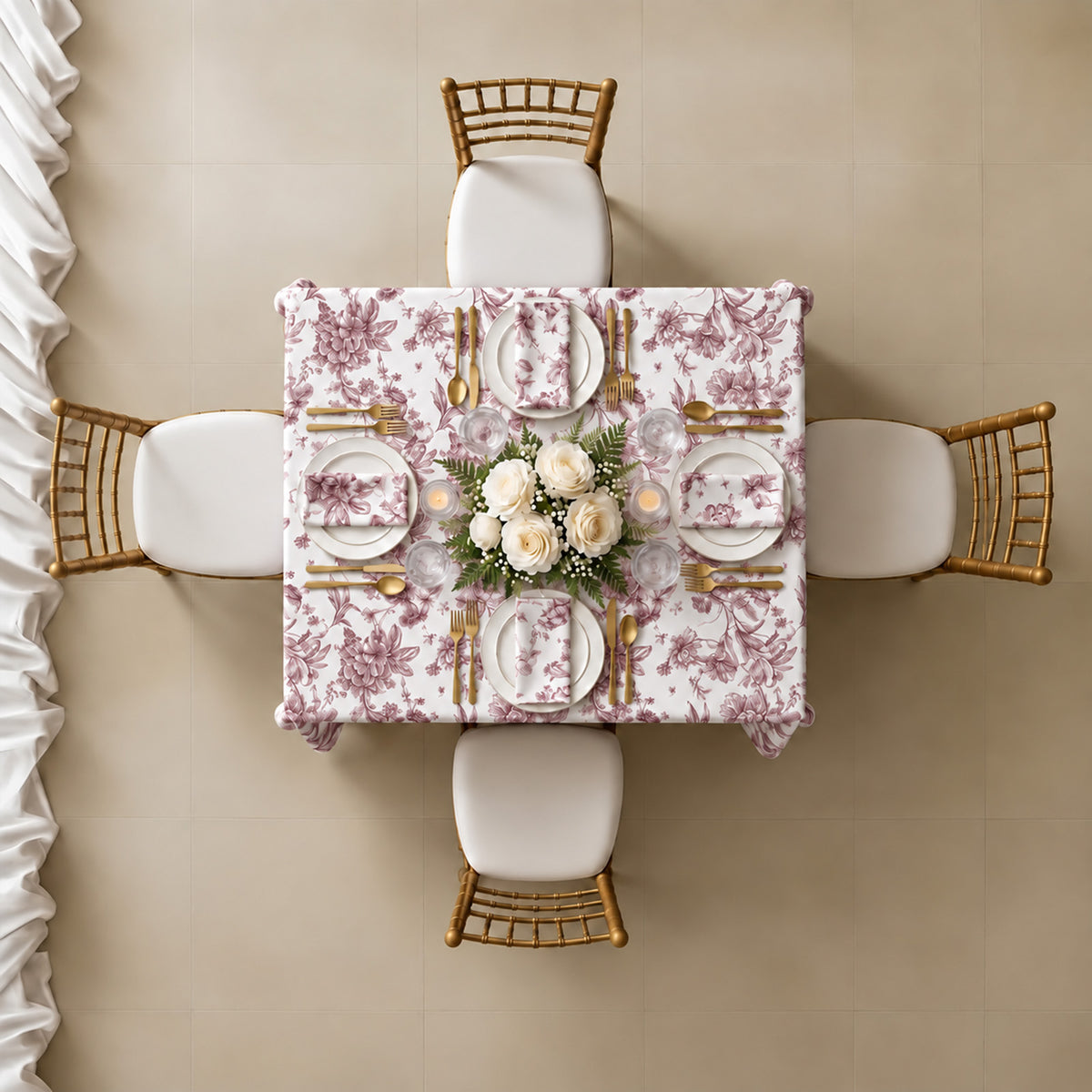 Polyester 70"x70" Square Tablecloth White - Burgundy French Toile Pattern for Elegant Occasions