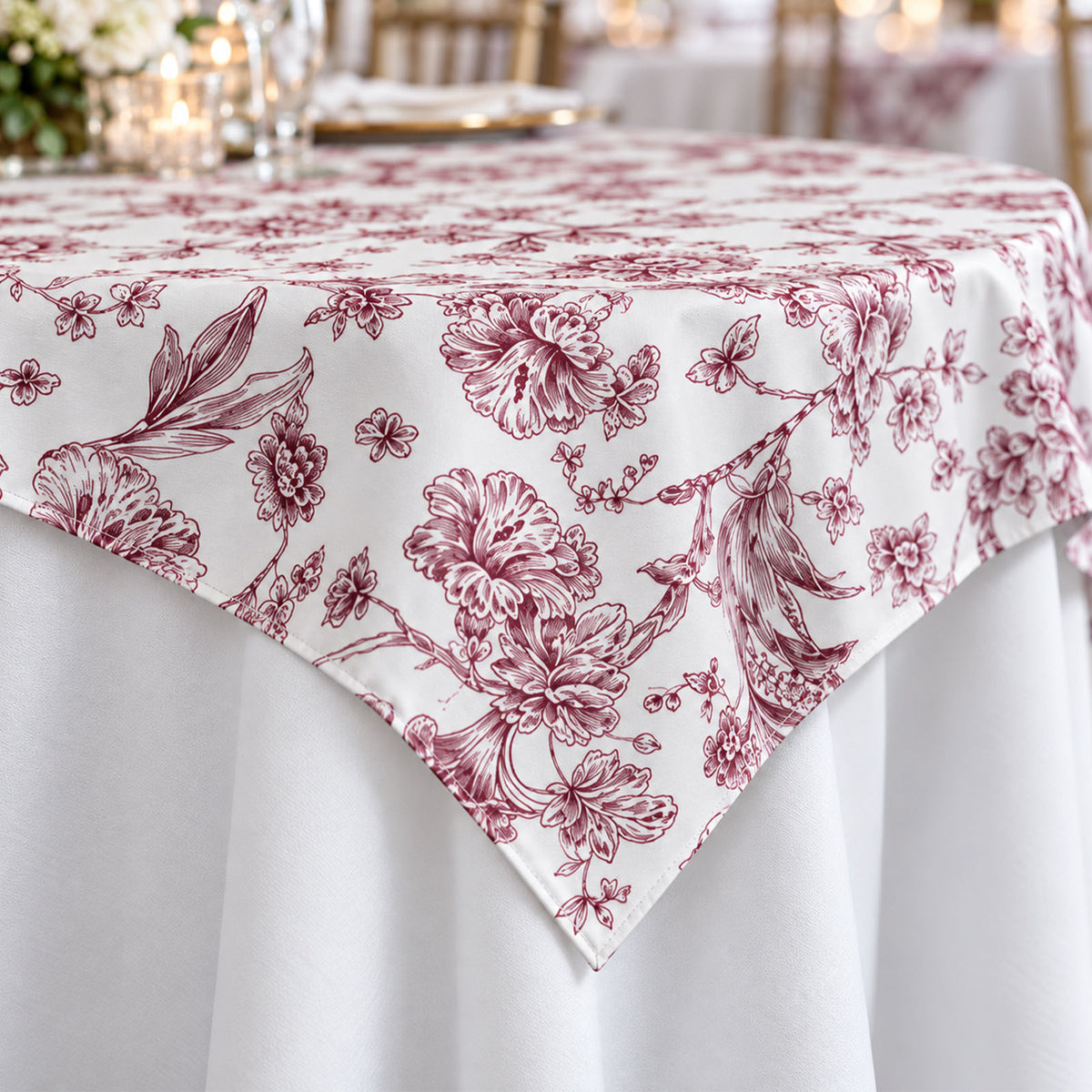 Polyester 70"x70" Table Overlay White - Burgundy French Toile Pattern for Stylish Events