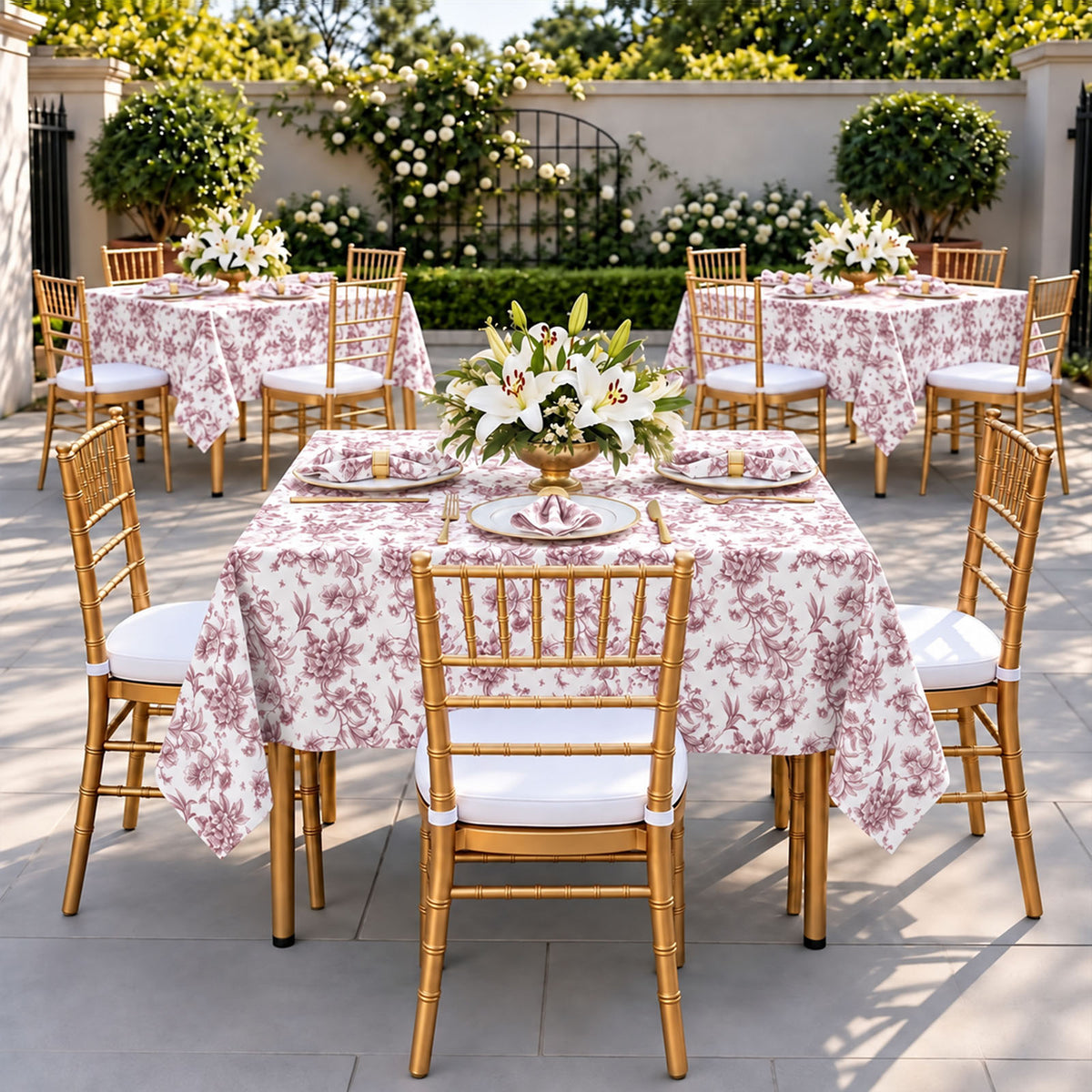 Polyester 70"x70" Square Tablecloth White - Burgundy French Toile Pattern for Elegant Occasions