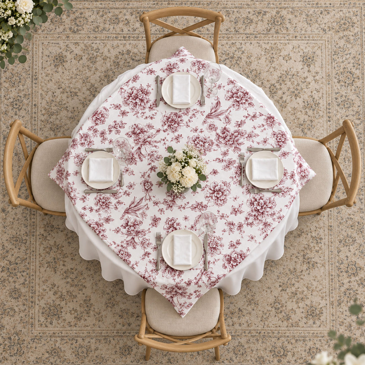 Polyester 70"x70" Table Overlay White - Burgundy French Toile Pattern for Stylish Events