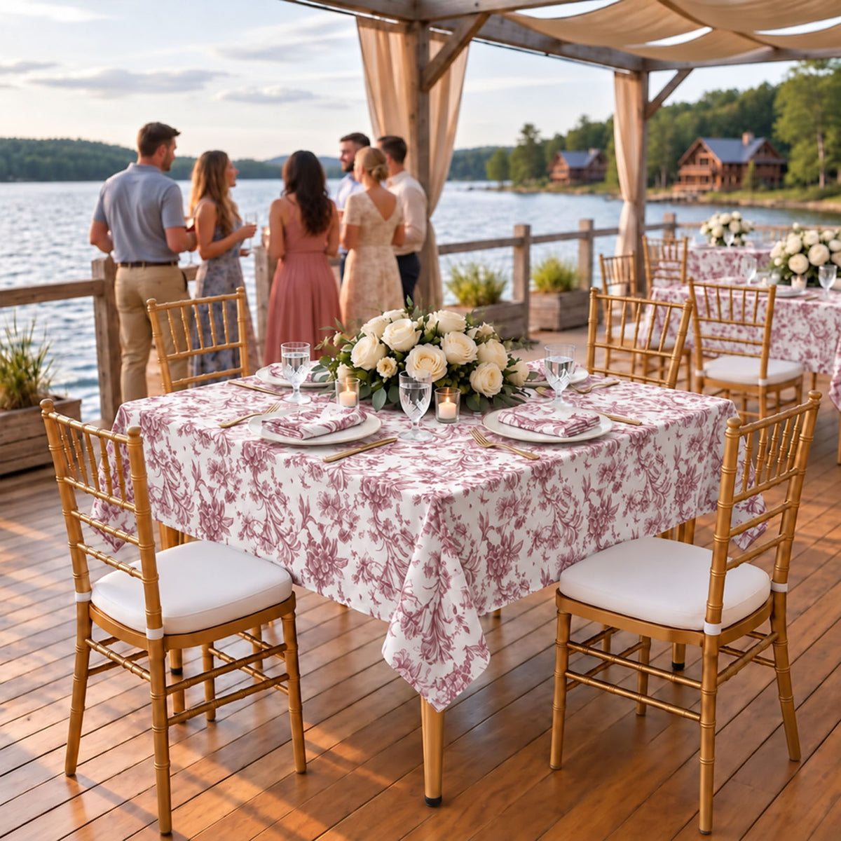 Polyester 70"x70" Square Tablecloth White - Burgundy French Toile Pattern for Elegant Occasions