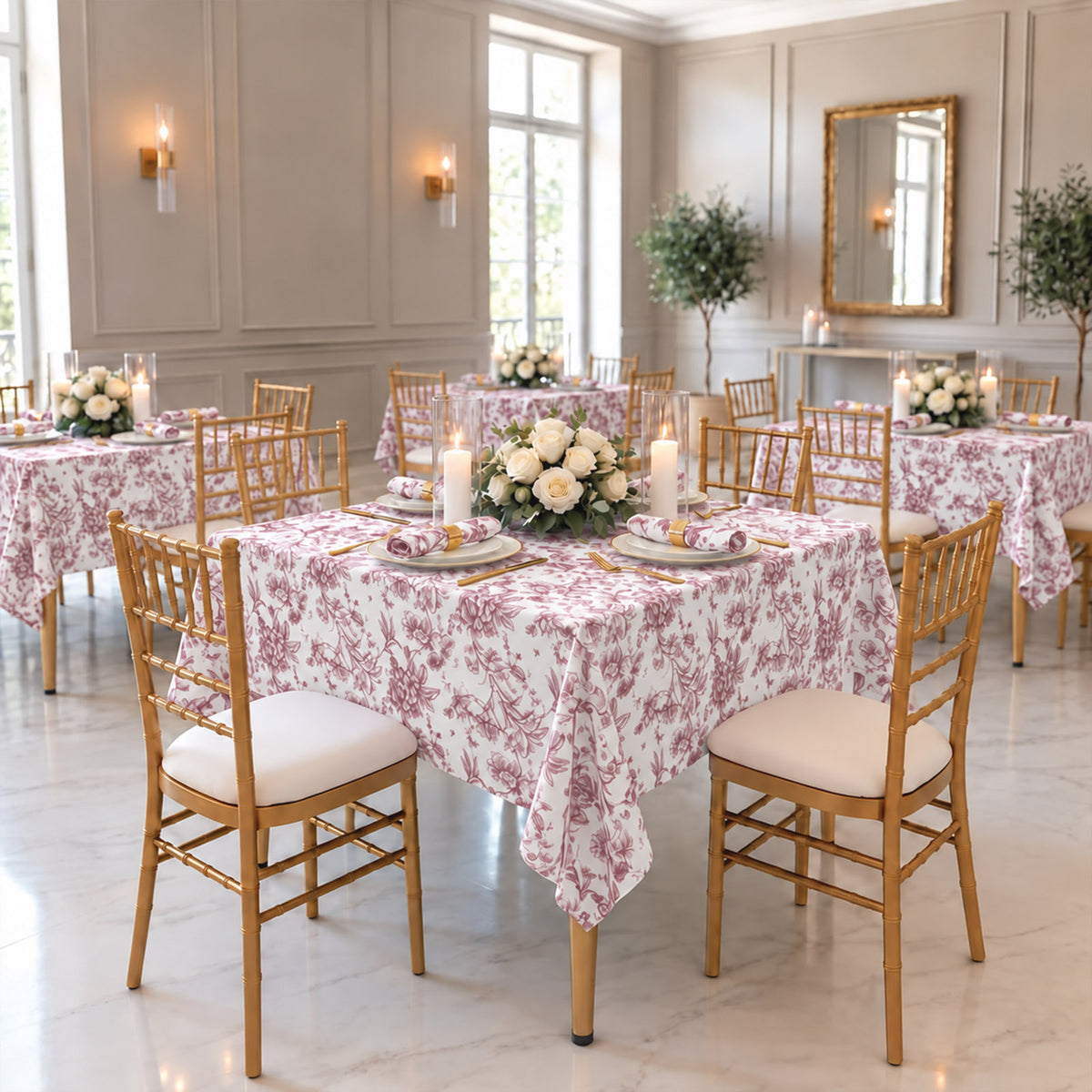 Polyester 70"x70" Square Tablecloth White - Burgundy French Toile Pattern for Elegant Occasions
