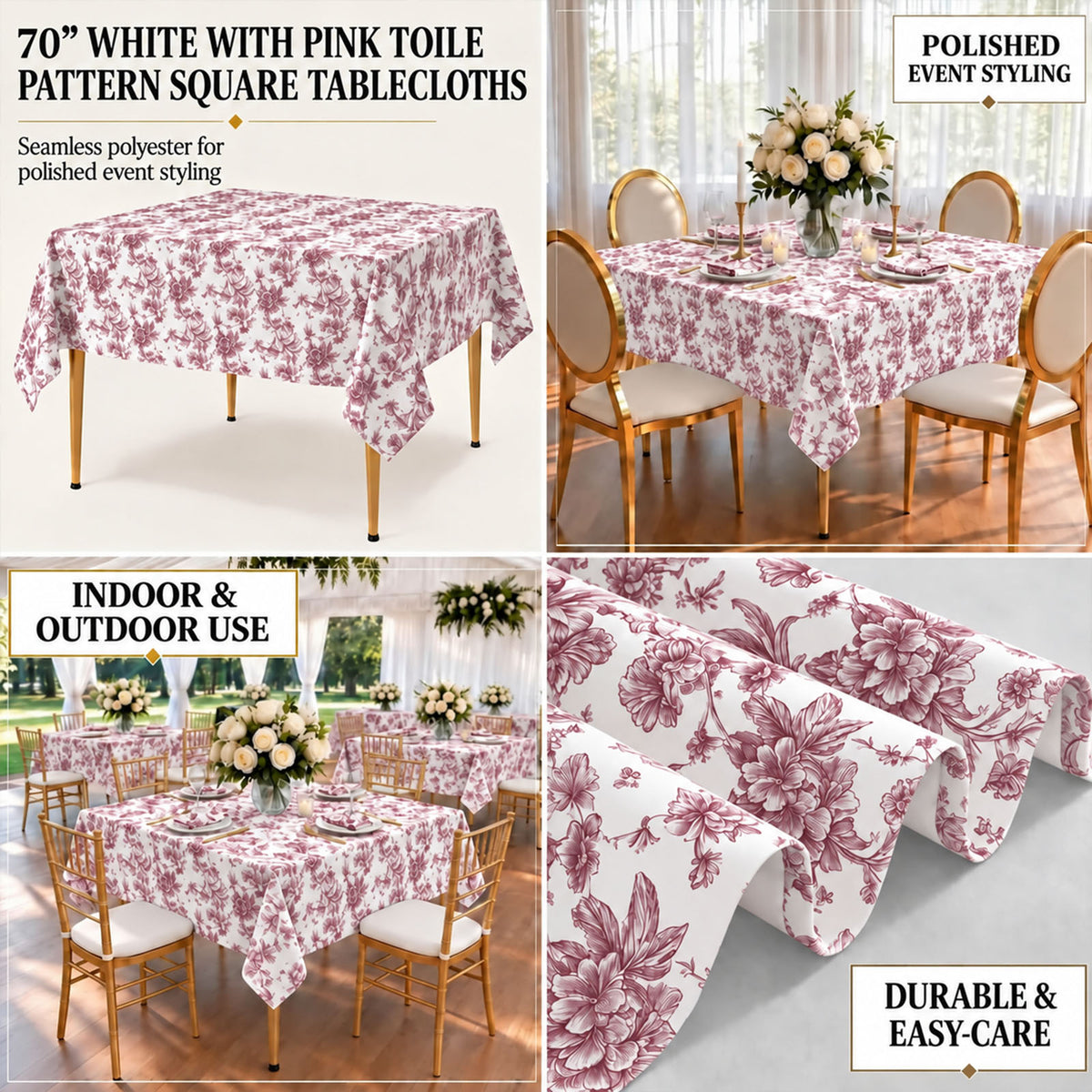Polyester 70"x70" Square Tablecloth White - Burgundy French Toile Pattern for Elegant Occasions