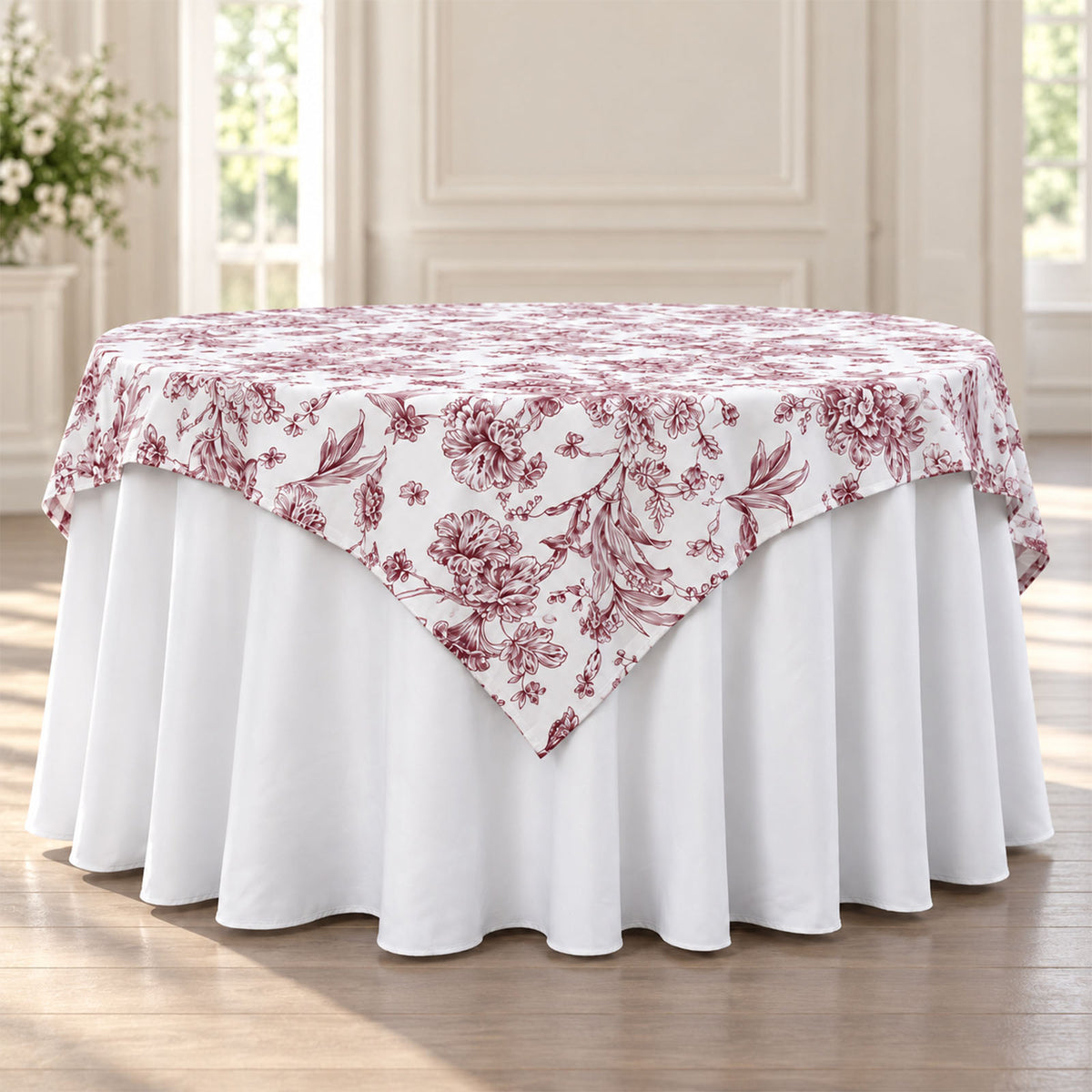 Polyester 70"x70" Table Overlay White - Burgundy French Toile Pattern for Stylish Events