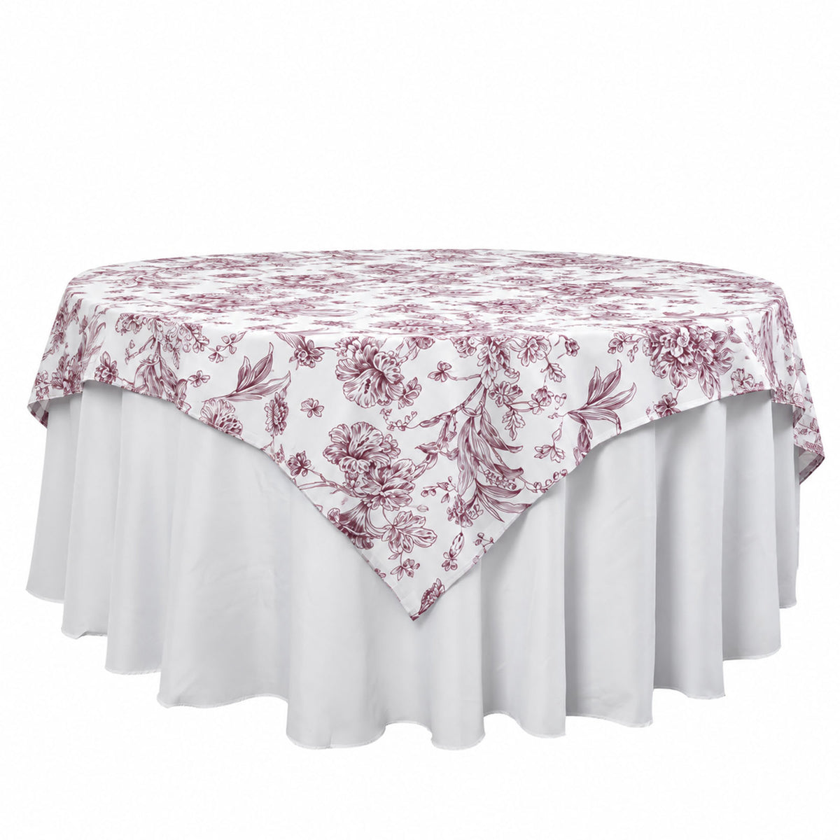Polyester 70"x70" Table Overlay White - Burgundy French Toile Pattern for Stylish Events