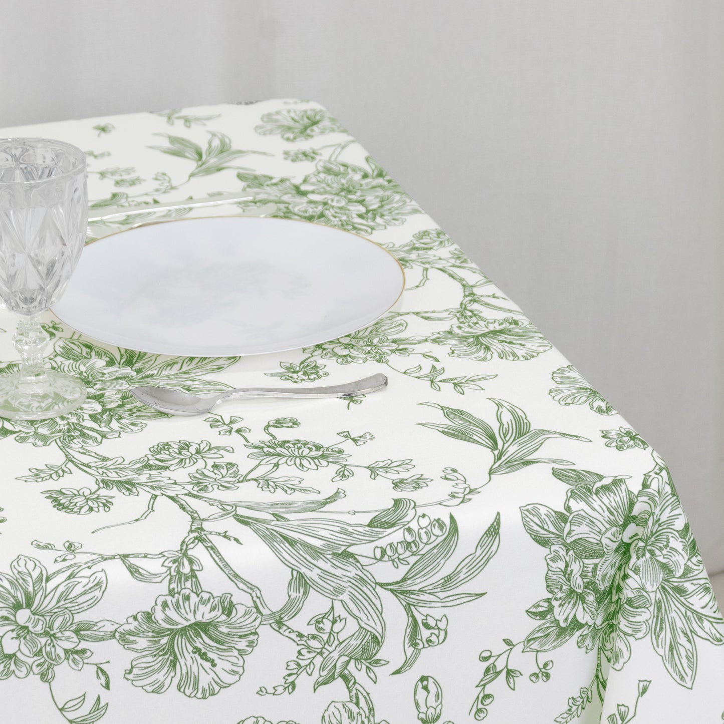 Polyester 70"x70" Square Tablecloth White - Dusty Sage Green French Toile Pattern for Elegant Occasions