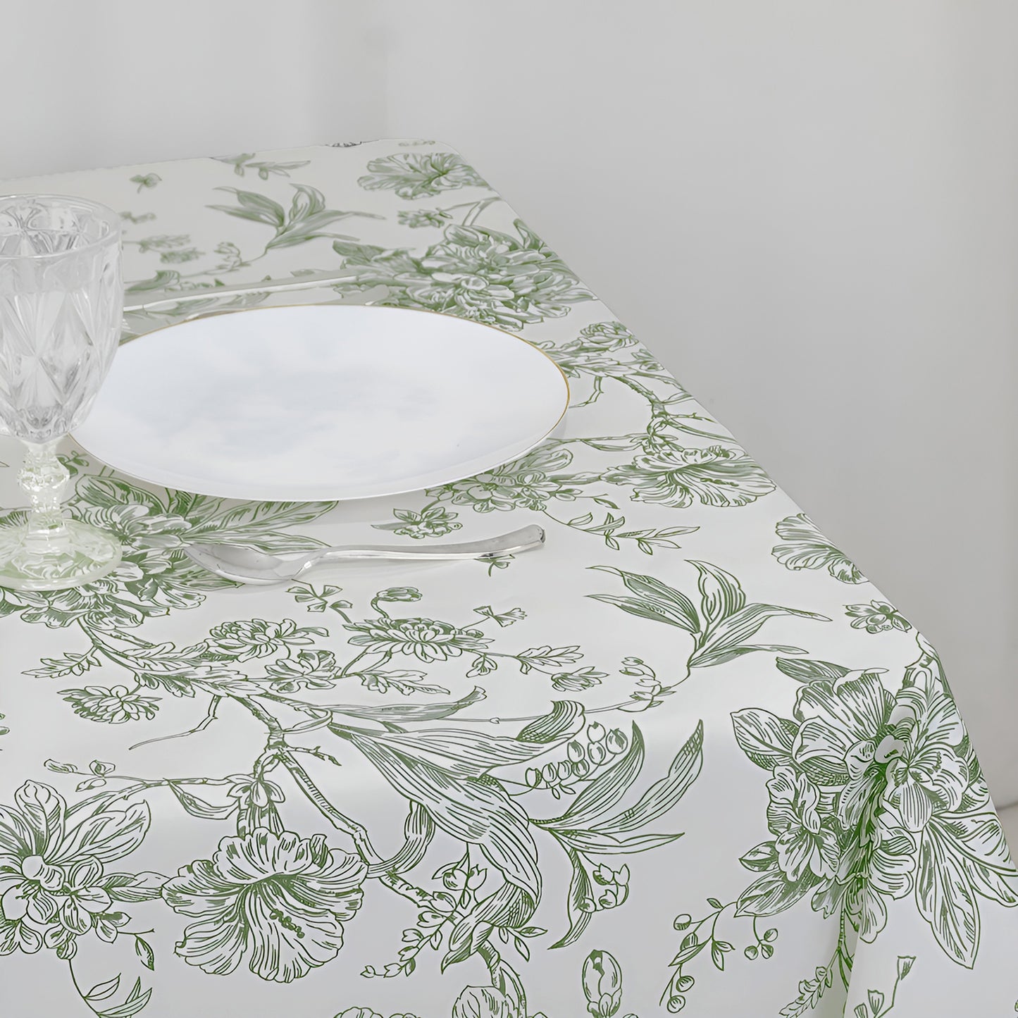Polyester 70"x70" Table Overlay White - Dusty Sage Green French Toile Pattern for Stylish Events
