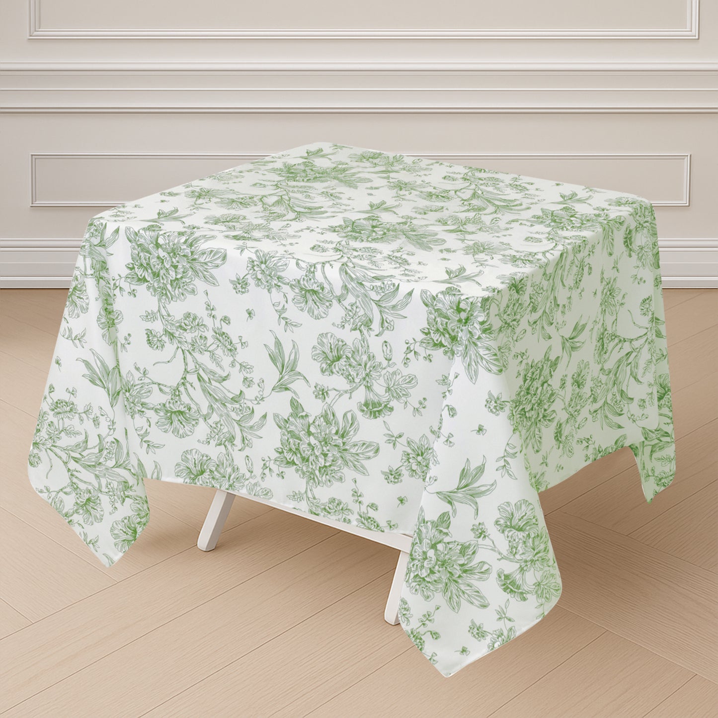 Polyester 70"x70" Square Tablecloth White - Dusty Sage Green French Toile Pattern for Elegant Occasions