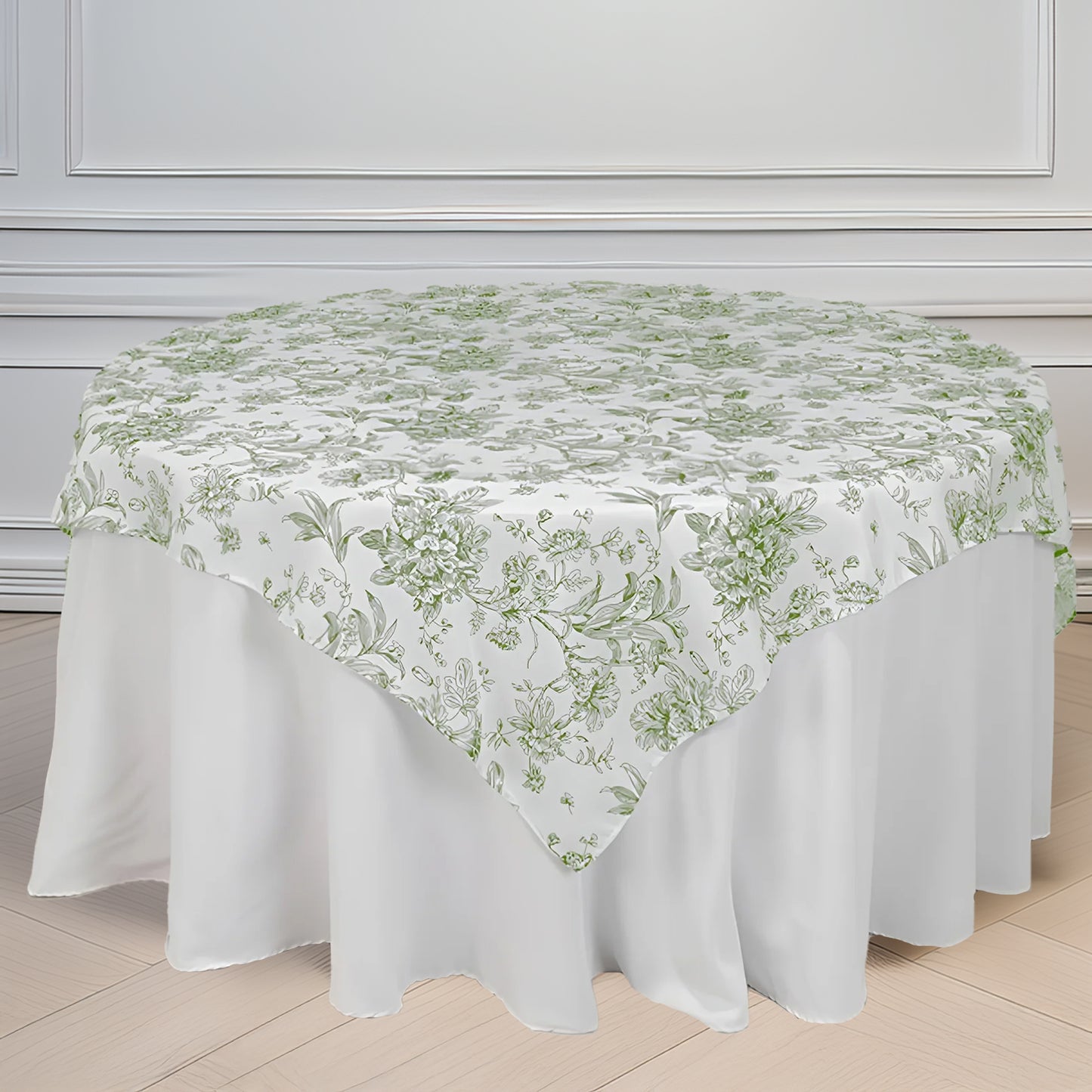 Polyester 70"x70" Table Overlay White - Dusty Sage Green French Toile Pattern for Stylish Events
