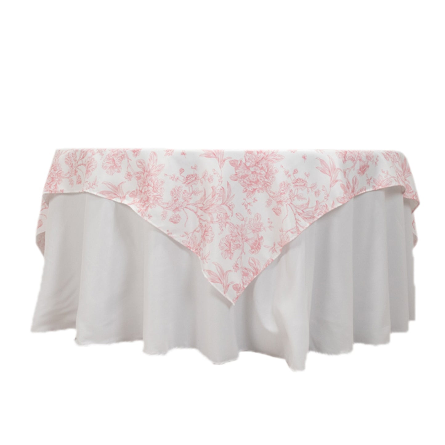 70"x70" White Pink French Toile Polyester Square Table Overlay, Floral Table Topper for Dining Tables