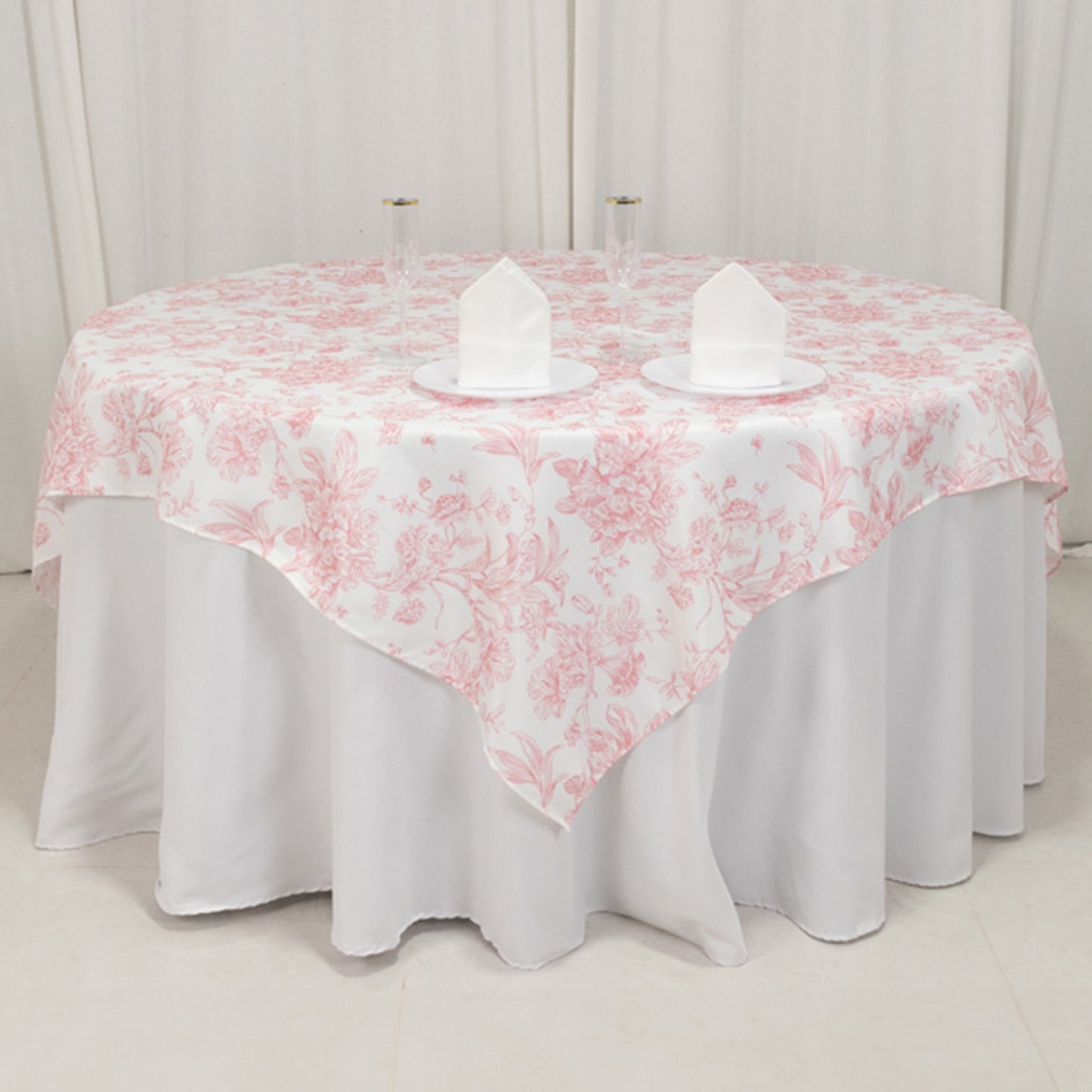 70"x70" White Pink French Toile Polyester Square Table Overlay, Floral Table Topper for Dining Tables