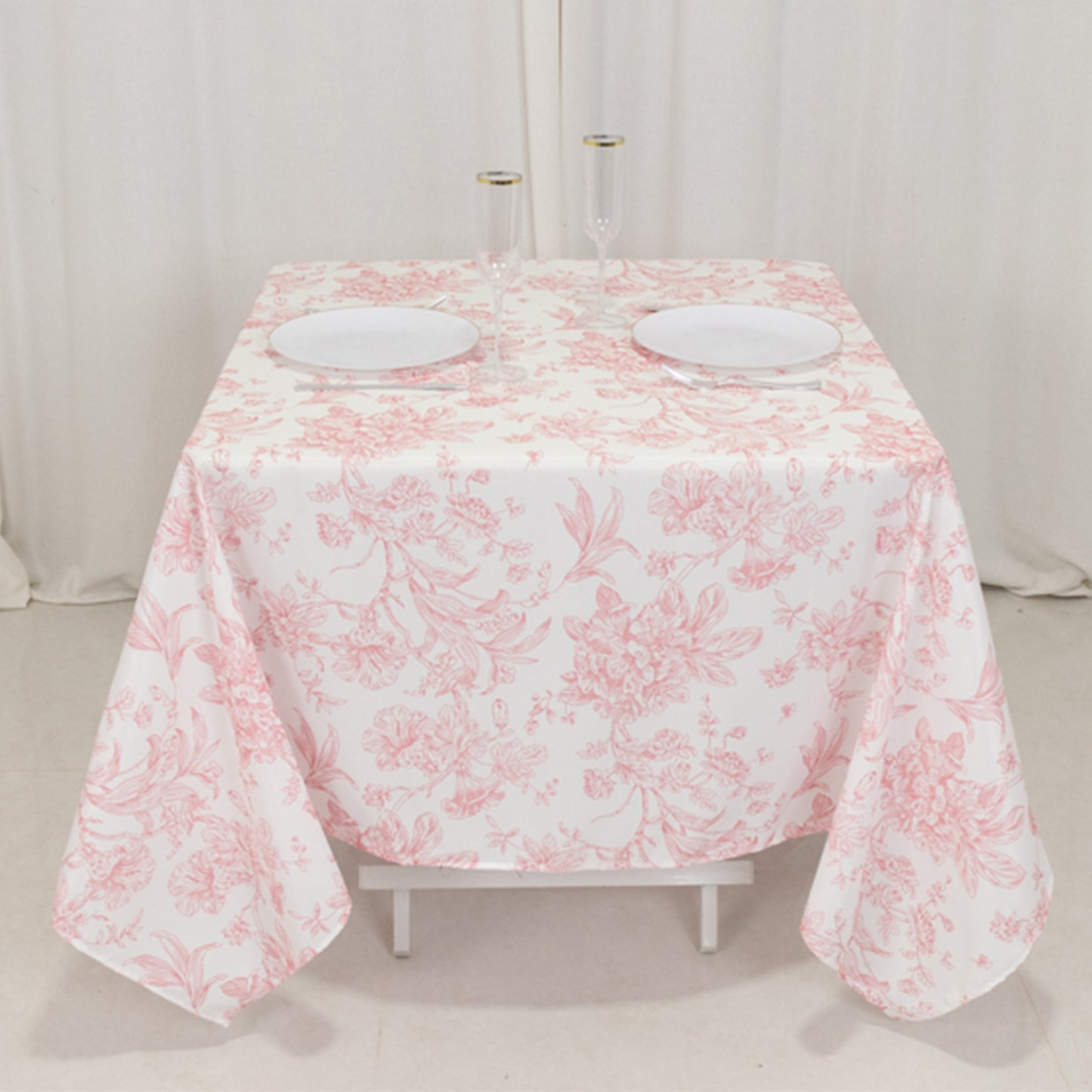 70"x70" White Pink French Toile Polyester Square Table Overlay, Floral Table Topper for Dining Tables