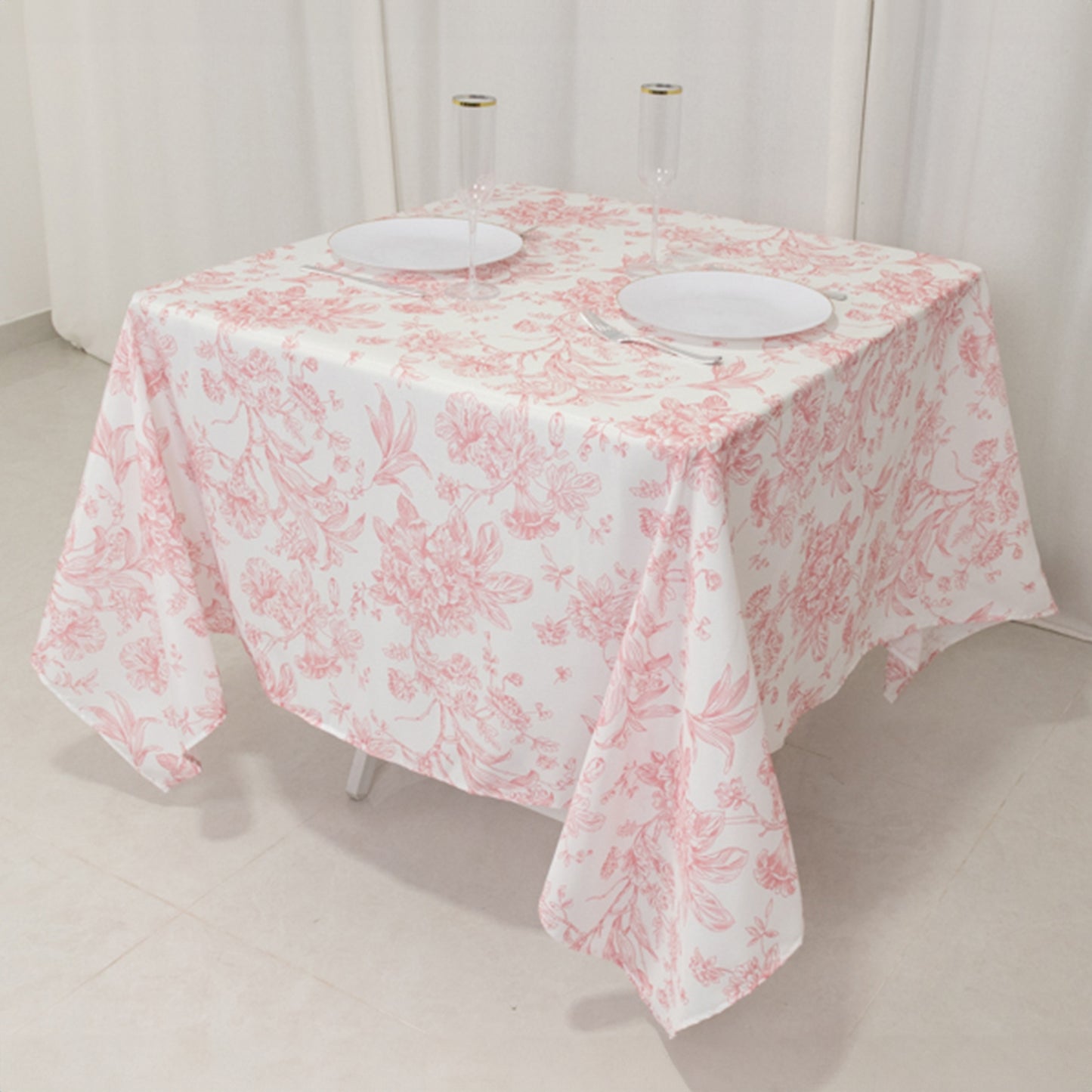 70"x70" White Pink French Toile Polyester Square Tablecloth, Floral Table Cloth for Dining Tables