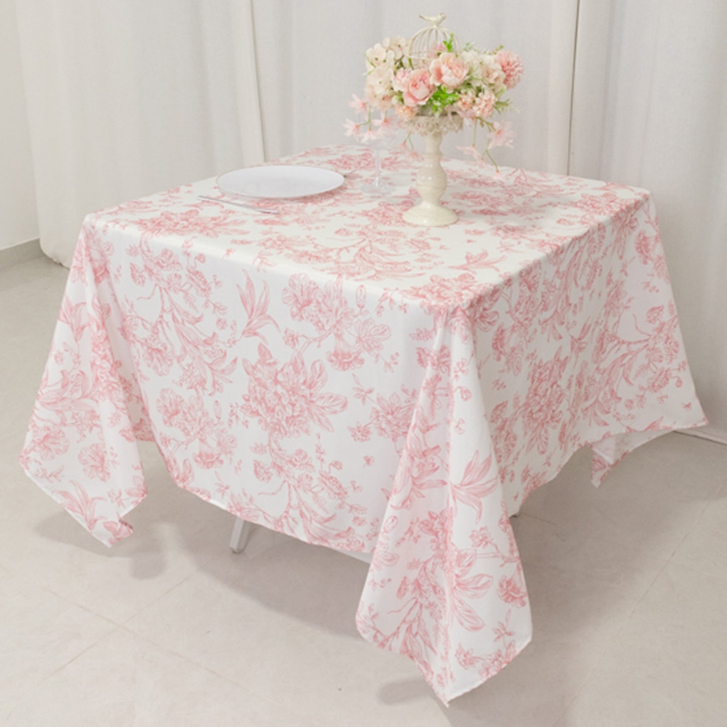 70"x70" White Pink French Toile Polyester Square Tablecloth, Floral Table Cloth for Dining Tables