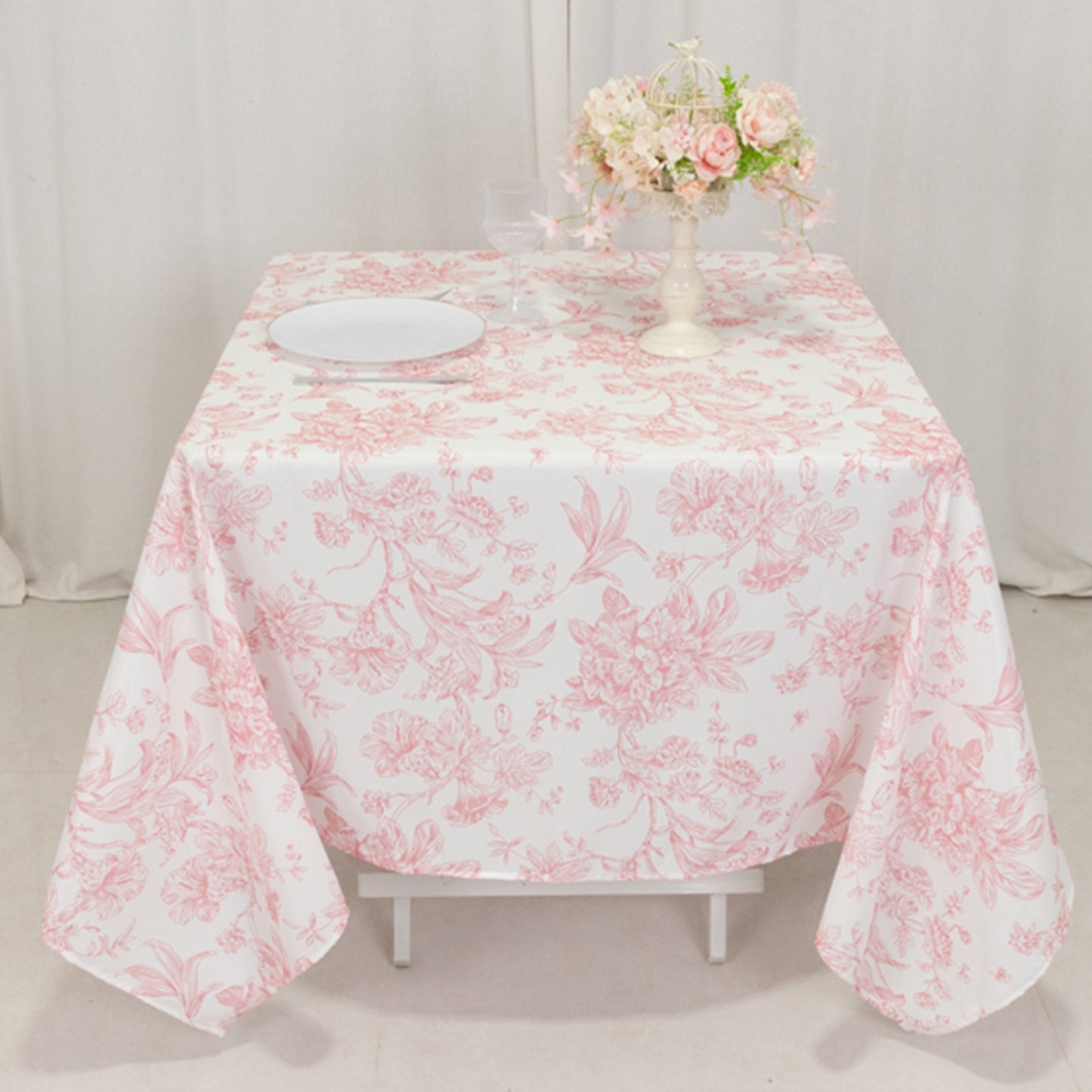 70"x70" White Pink French Toile Polyester Square Tablecloth, Floral Table Cloth for Dining Tables