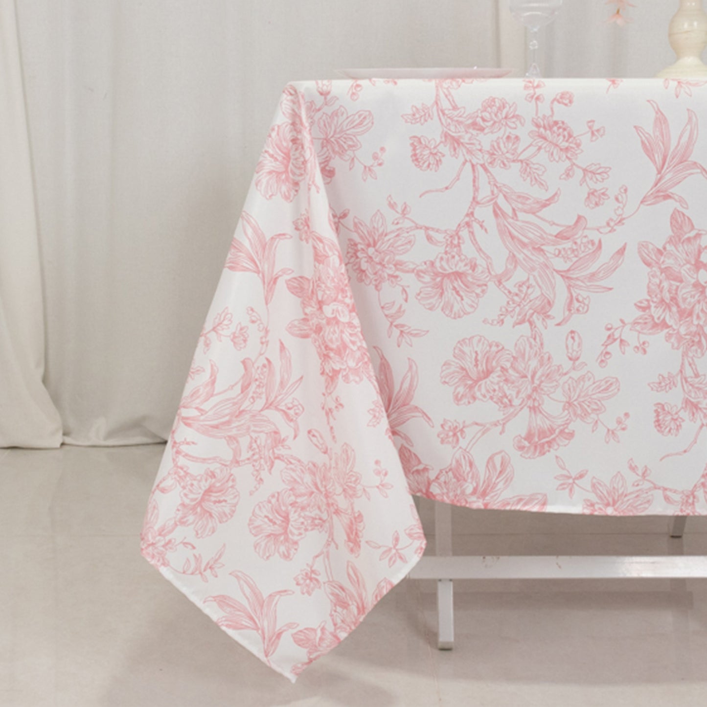 70"x70" White Pink French Toile Polyester Square Table Overlay, Floral Table Topper for Dining Tables