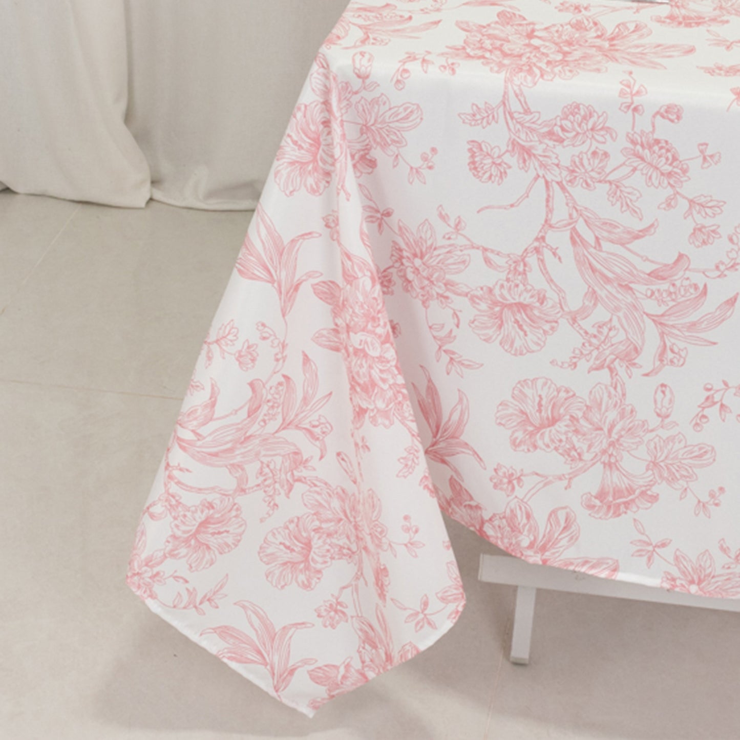 70"x70" White Pink French Toile Polyester Square Tablecloth, Floral Table Cloth for Dining Tables