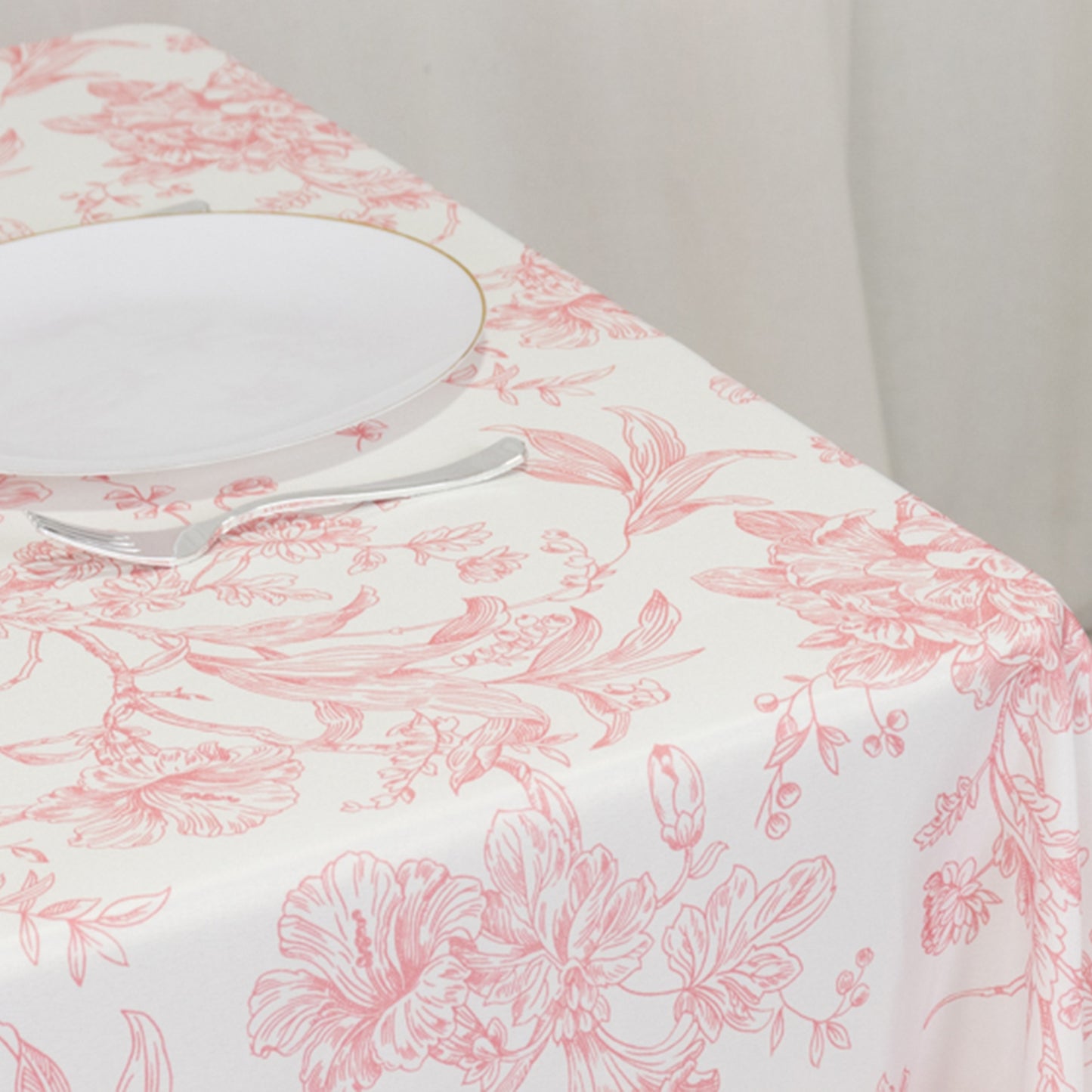 70"x70" White Pink French Toile Polyester Square Tablecloth, Floral Table Cloth for Dining Tables