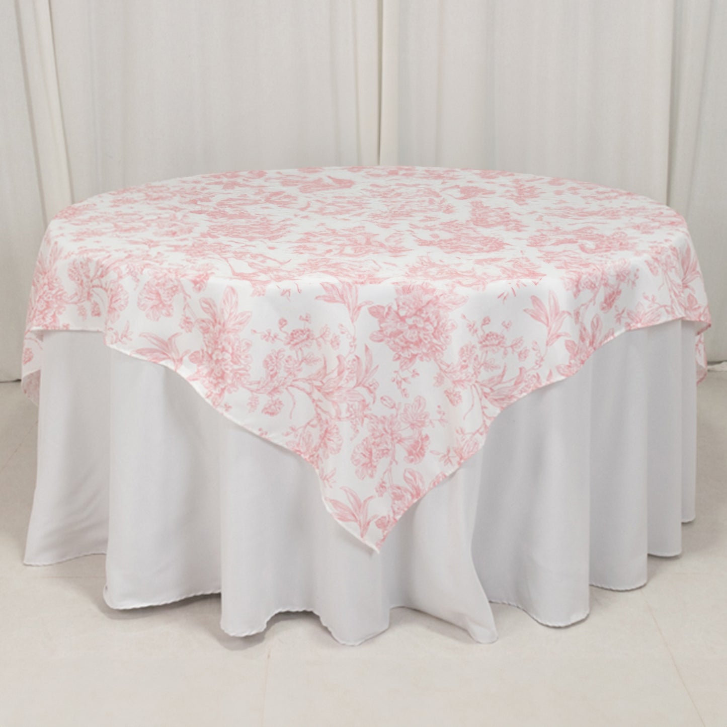 70"x70" White Pink French Toile Polyester Square Table Overlay, Floral Table Topper for Dining Tables