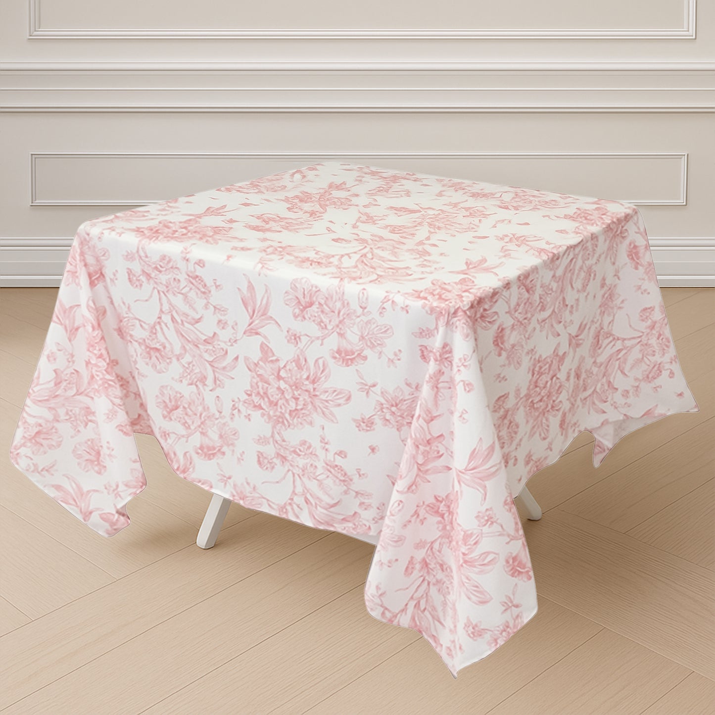 70"x70" White Pink French Toile Polyester Square Tablecloth, Floral Table Cloth for Dining Tables