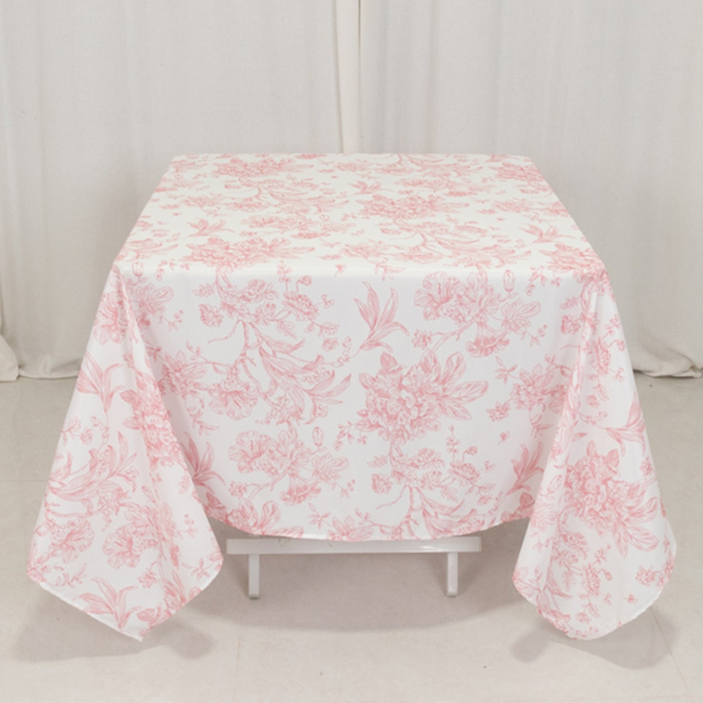 70"x70" White Pink French Toile Polyester Square Tablecloth, Floral Table Cloth for Dining Tables