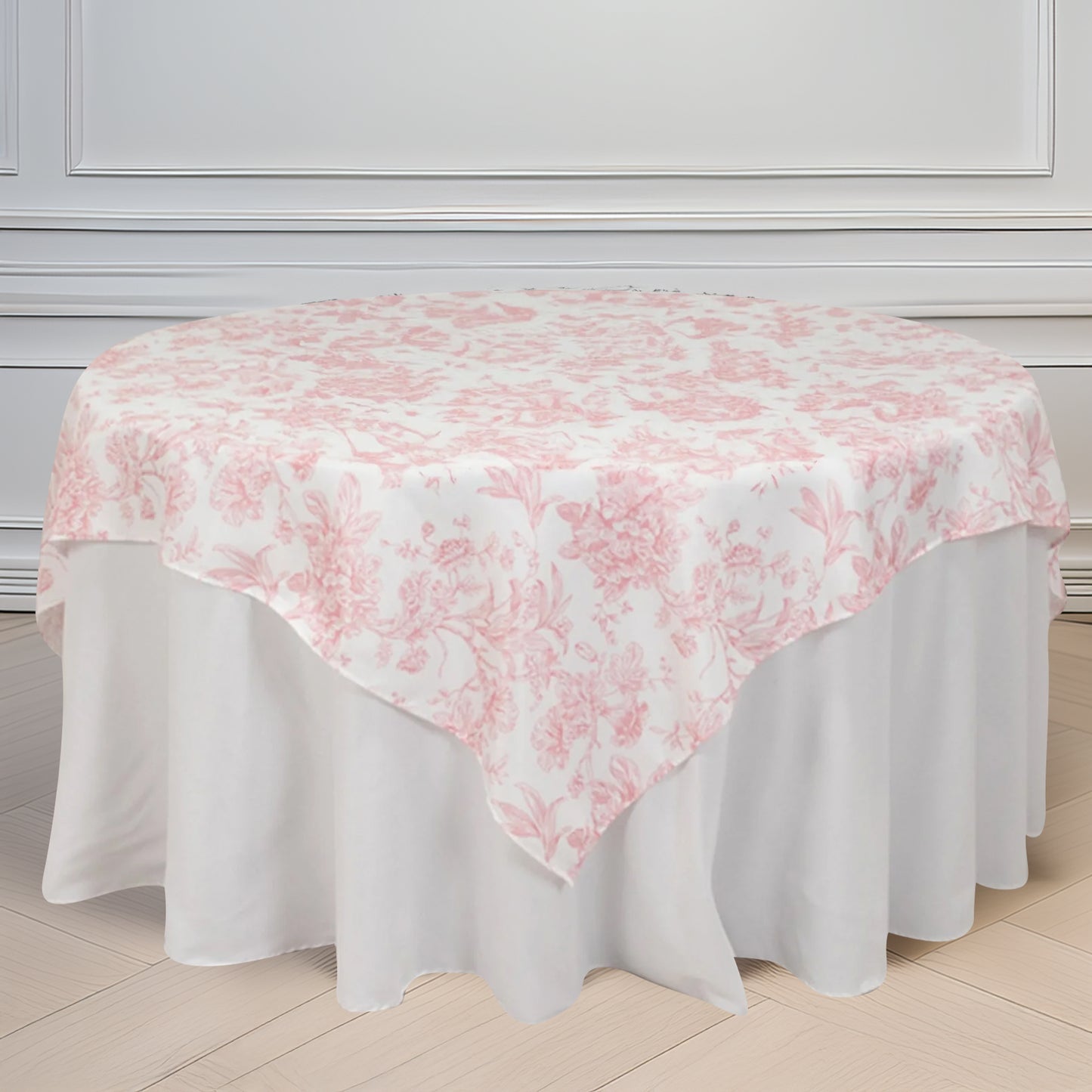 70"x70" White Pink French Toile Polyester Square Table Overlay, Floral Table Topper for Dining Tables