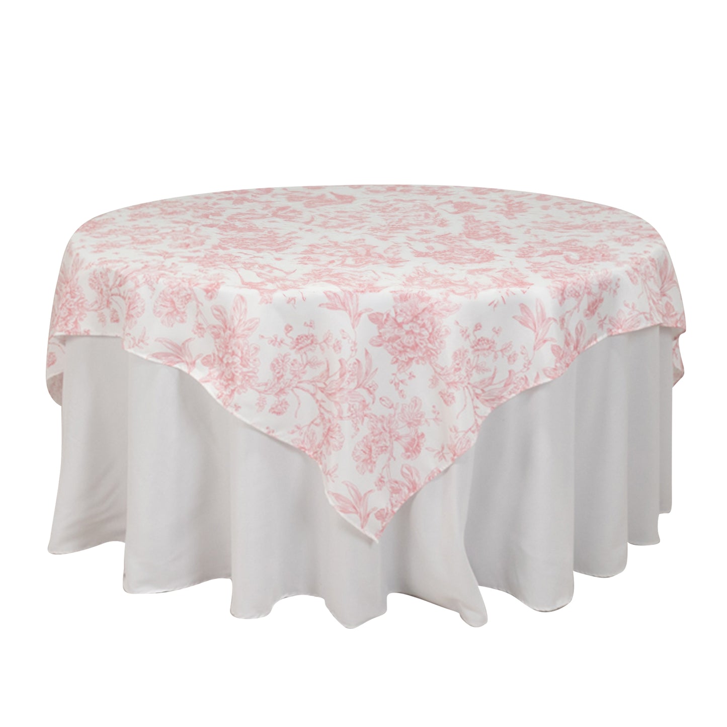 70"x70" White Pink French Toile Polyester Square Table Overlay, Floral Table Topper for Dining Tables