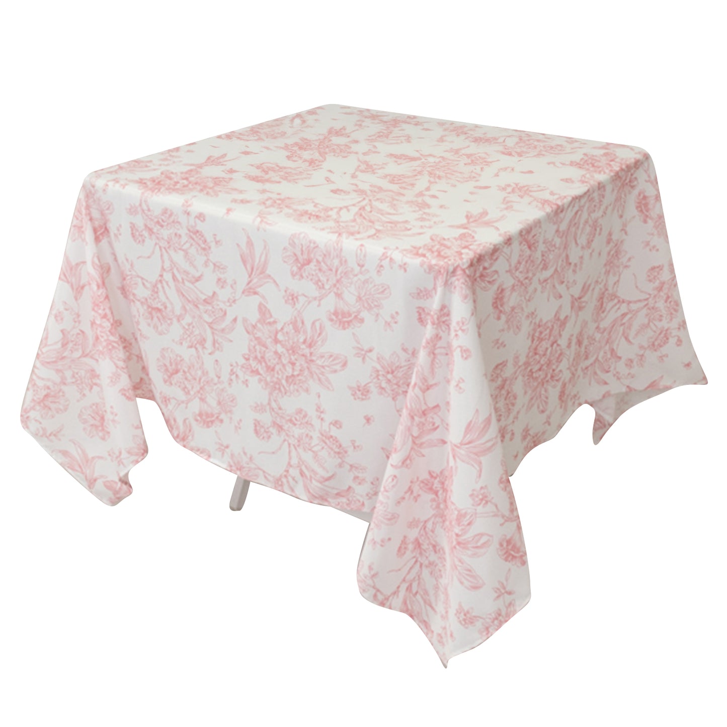 70"x70" White Pink French Toile Polyester Square Tablecloth, Floral Table Cloth for Dining Tables