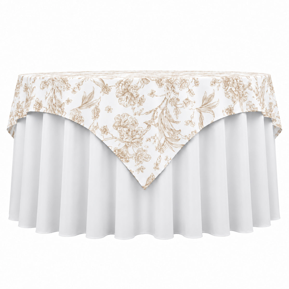 Polyester 70"x70" Table Overlay White - Taupe French Toile Pattern for Stylish Events