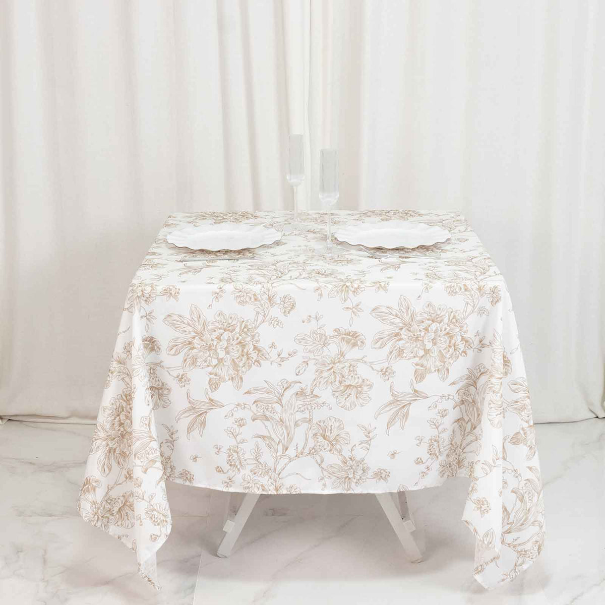 Polyester 70"x70" Square Tablecloth White - Taupe French Toile Pattern for Elegant Occasions