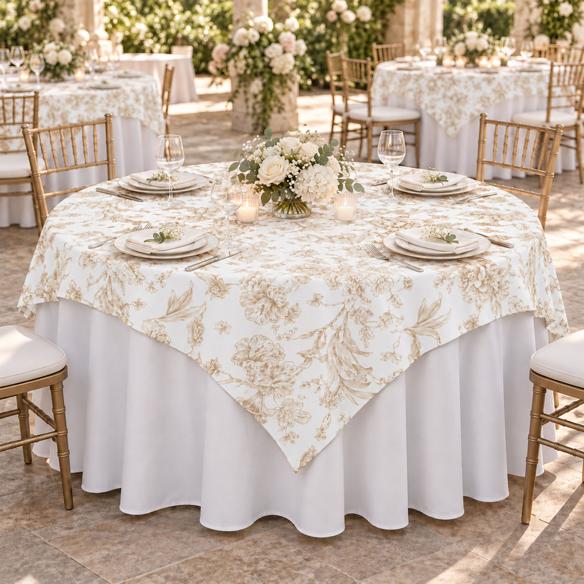 Polyester 70"x70" Table Overlay White - Taupe French Toile Pattern for Stylish Events