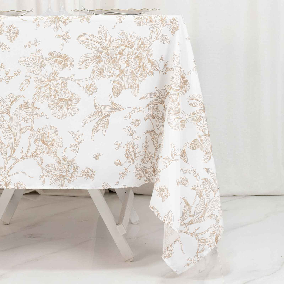Polyester 70"x70" Square Tablecloth White - Taupe French Toile Pattern for Elegant Occasions