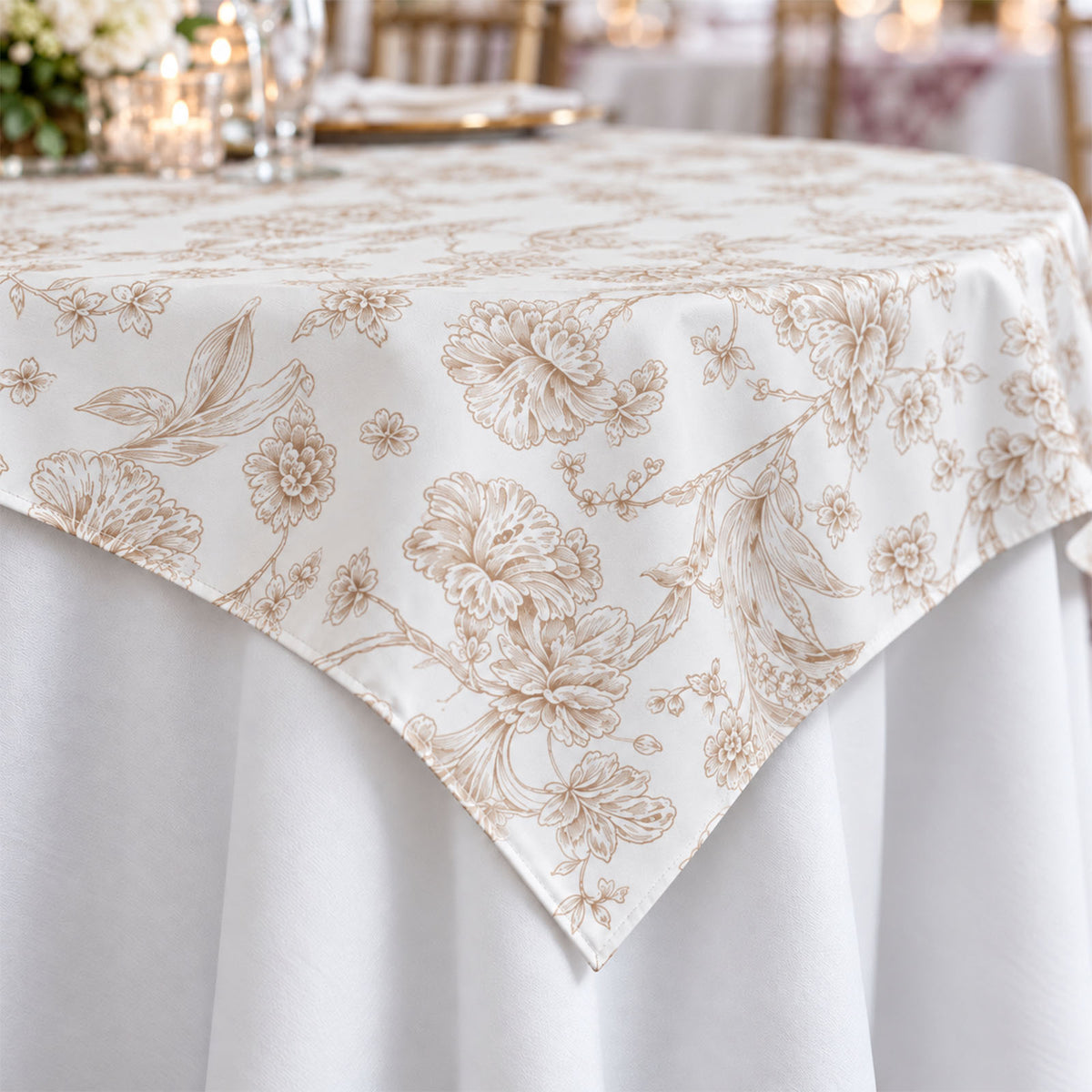 Polyester 70"x70" Table Overlay White - Taupe French Toile Pattern for Stylish Events